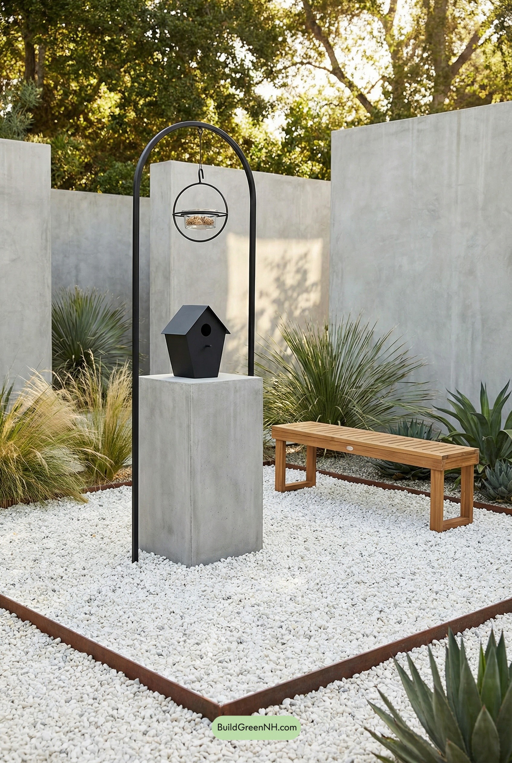 Matte-Black Birdhouse, Gallery-Style Yard