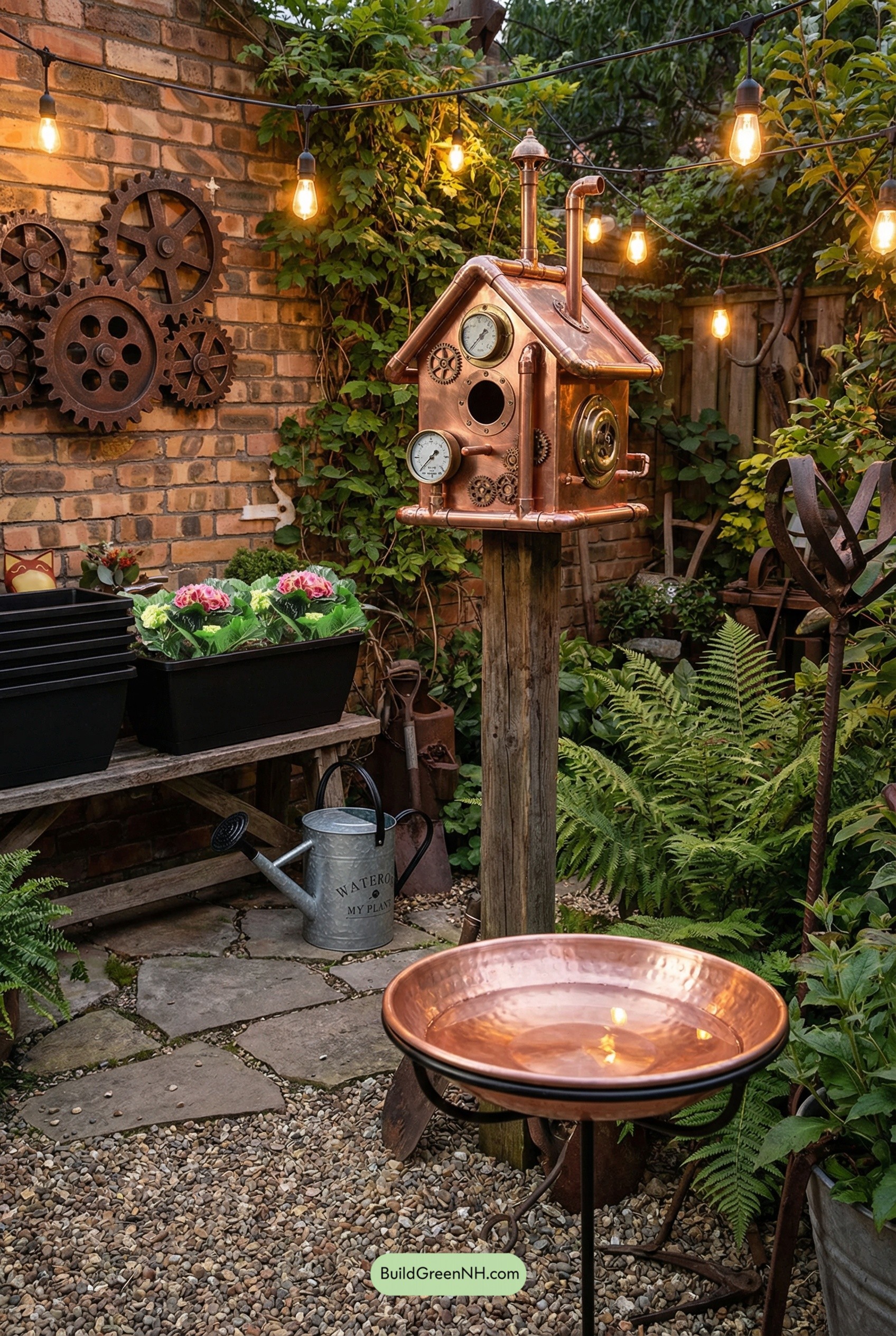 Steam-Punk Copper Birdhouse Backyard Glow