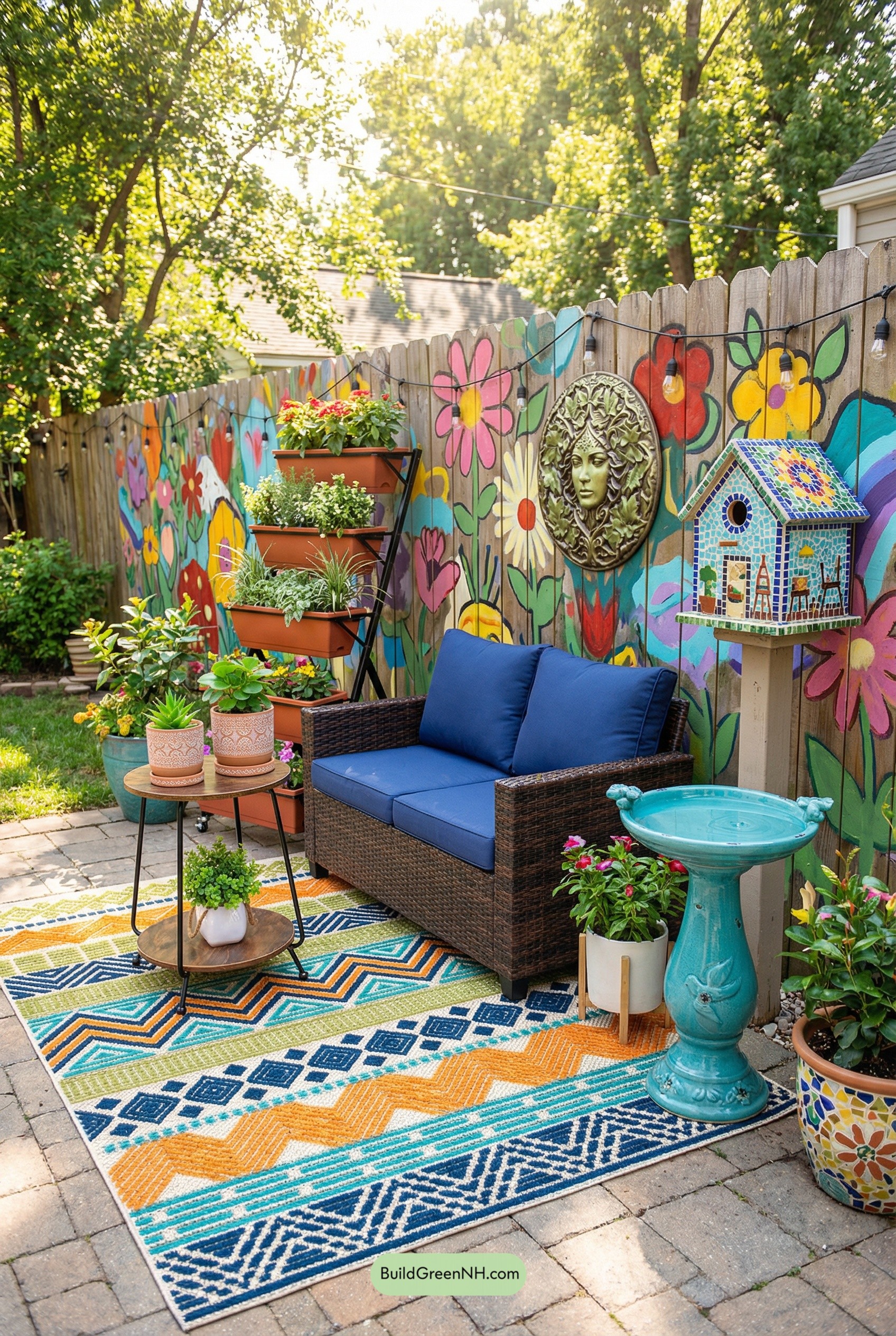 Mosaic Birdhouse, Mural Fence, Patio Joy