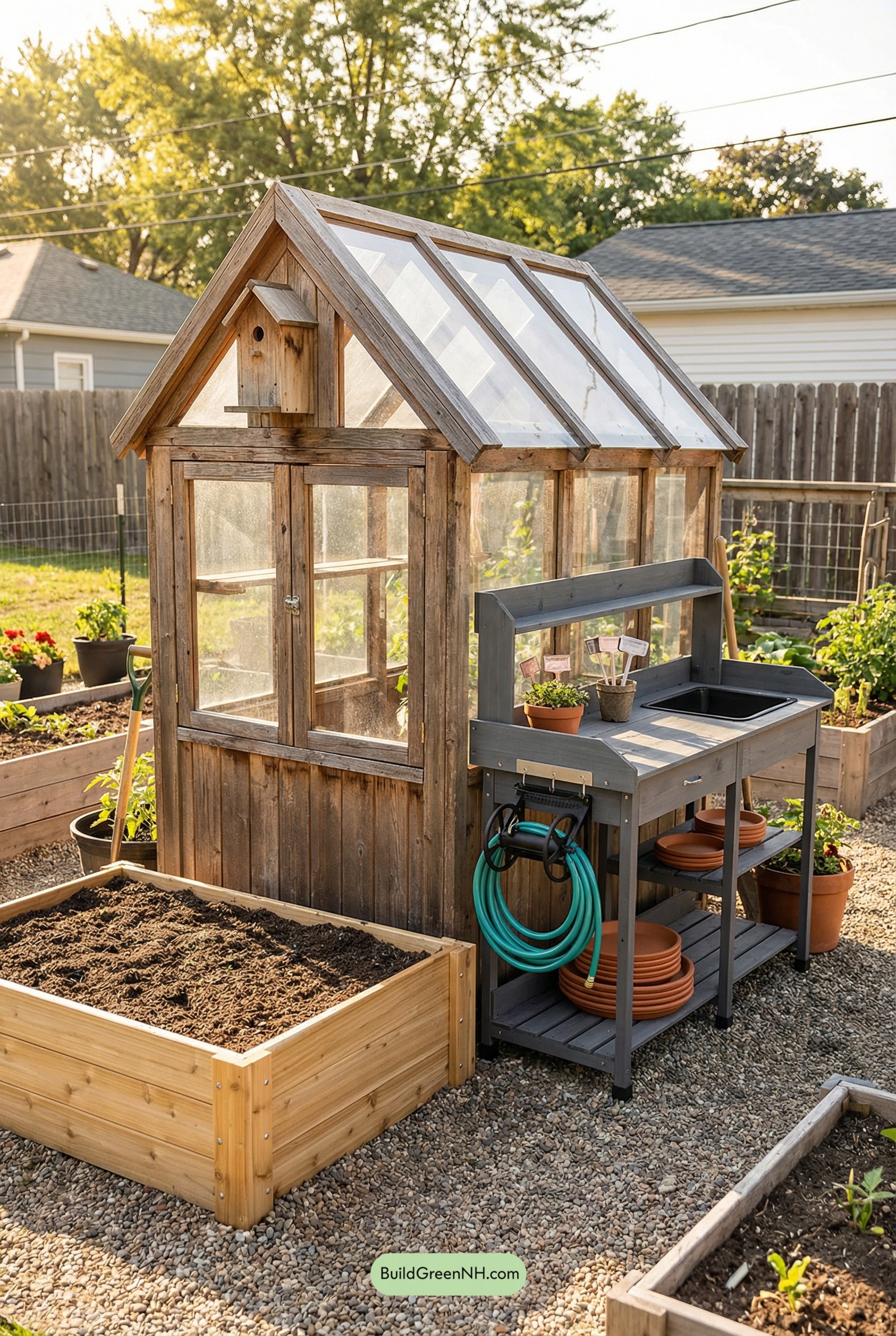 Greenhouse Birdhouse with Garden Workstation