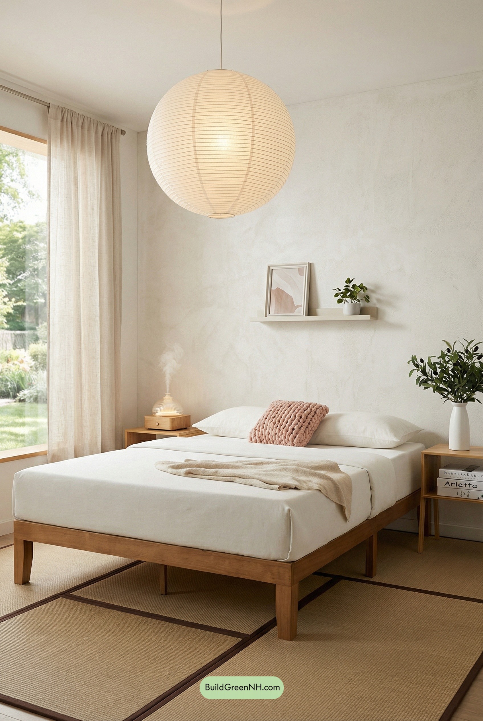 Soft Japandi Bedroom Under Paper Lantern