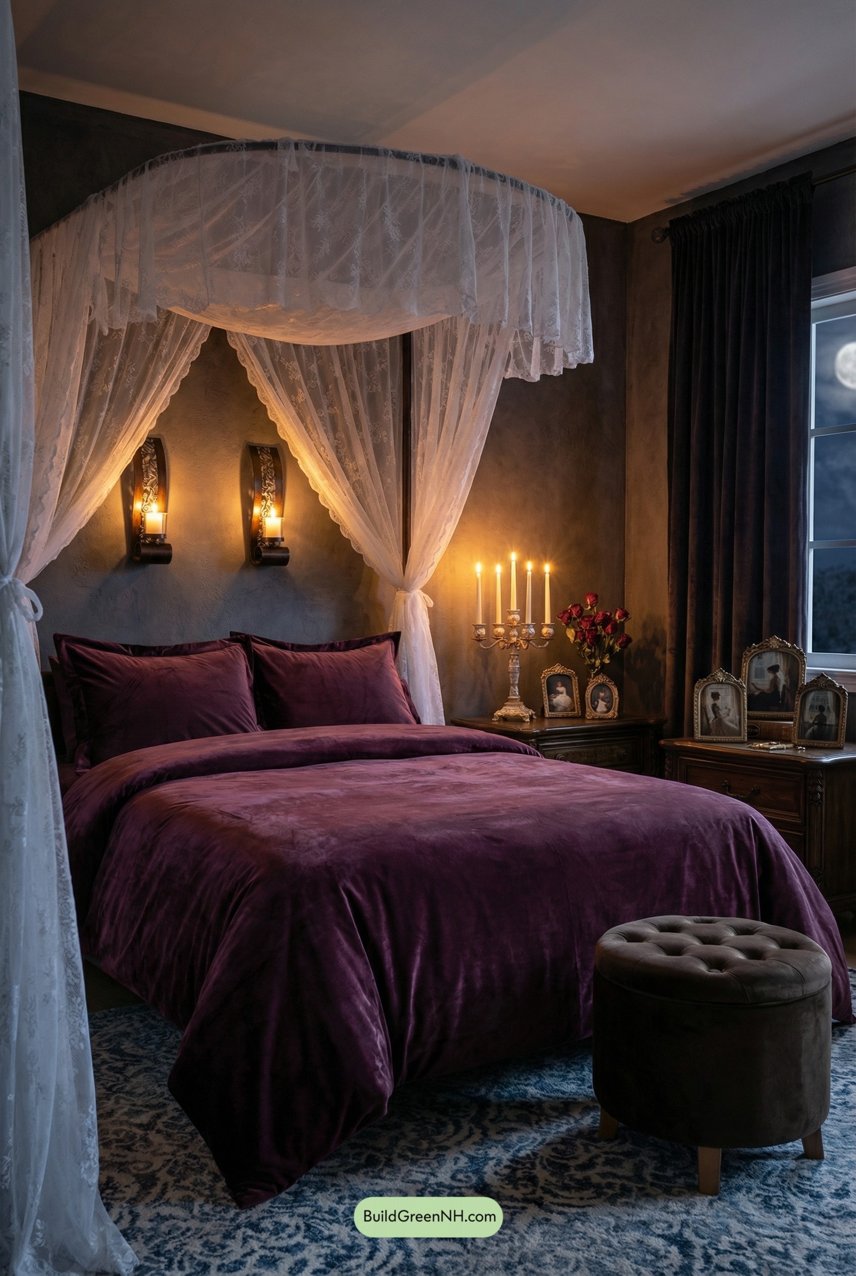 Plum Velvet Dreams Under Lace Canopy