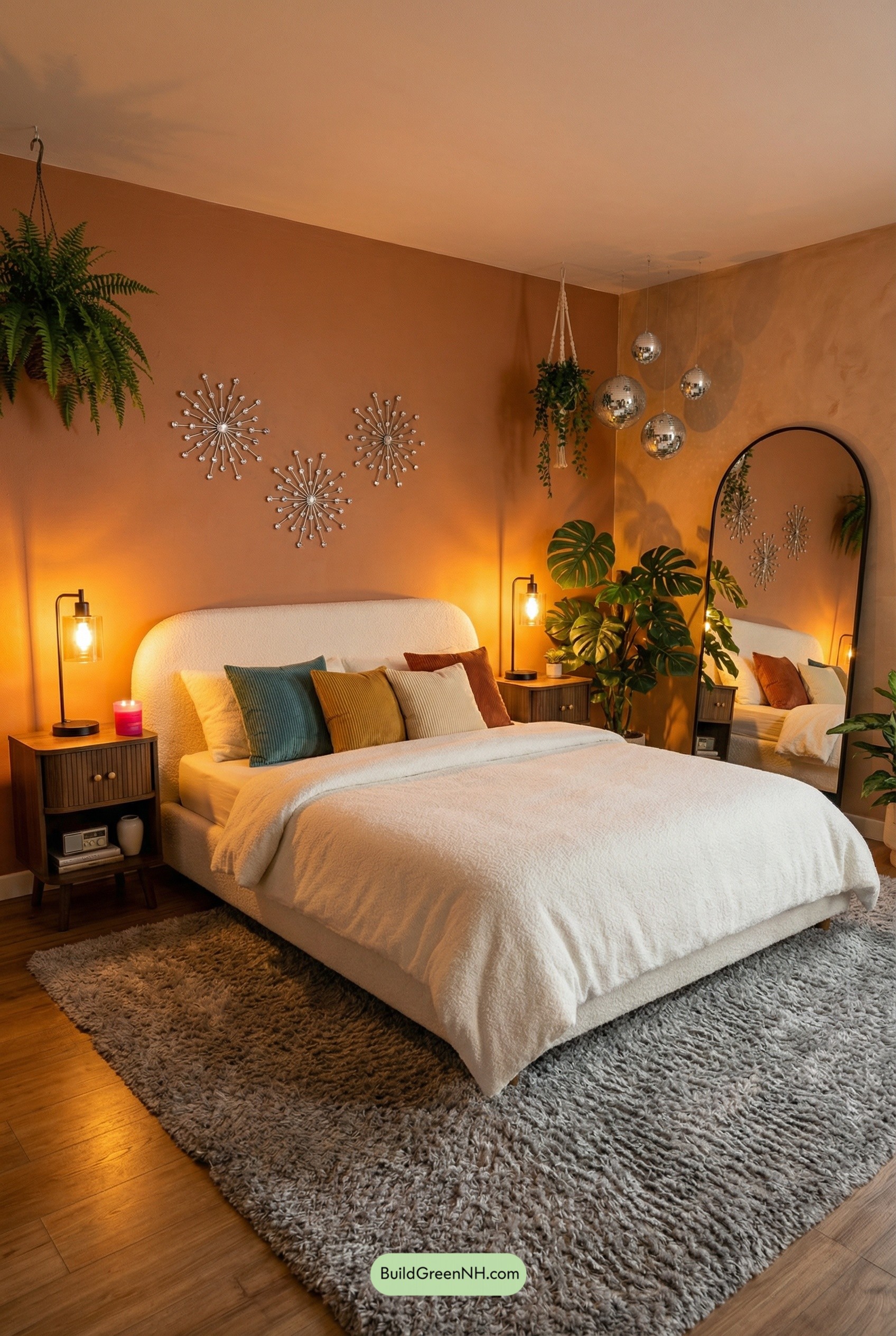 Amber Glow Bouclé Bedroom With Sunbursts