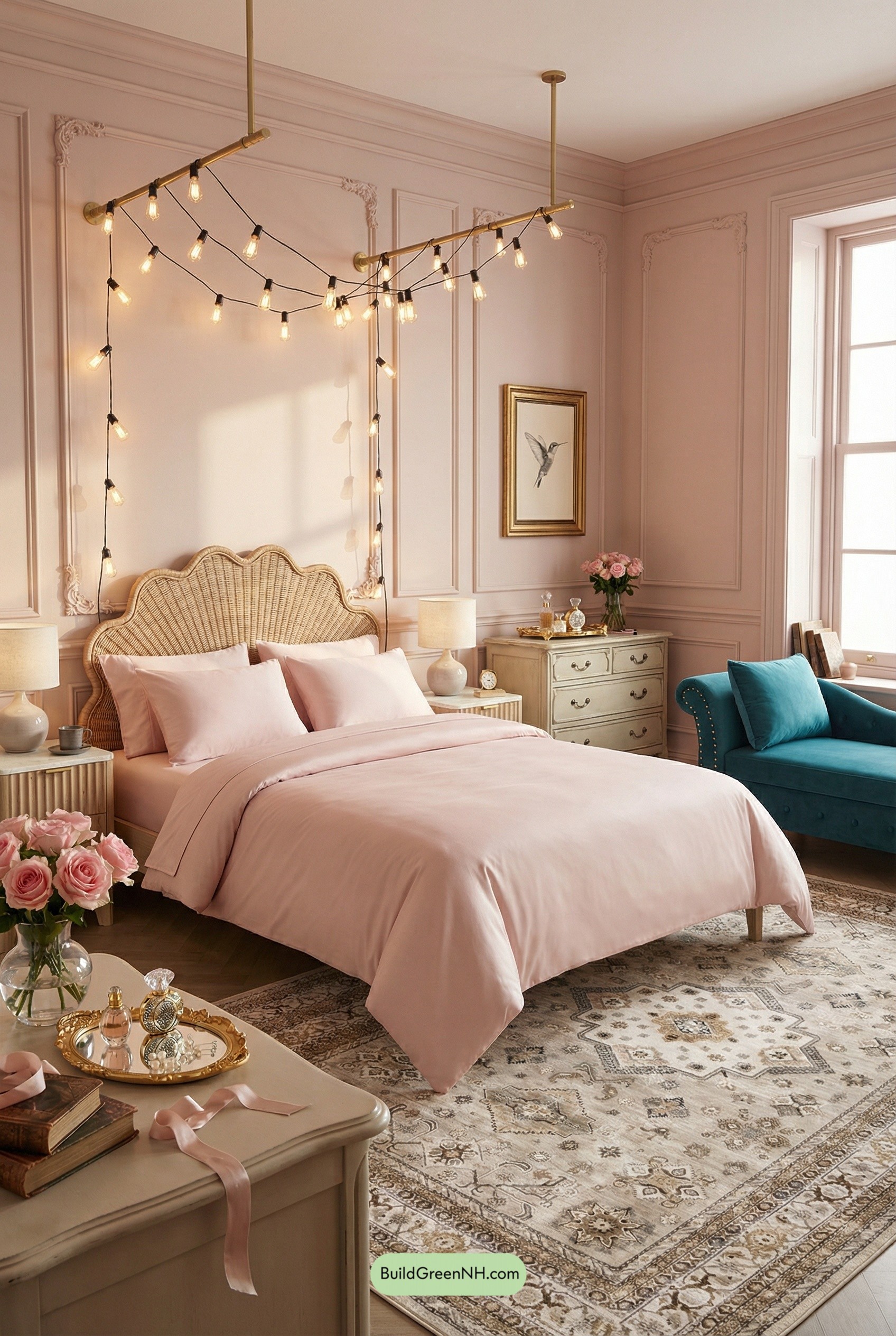 Blush Parisian Bedroom With Brass Glow