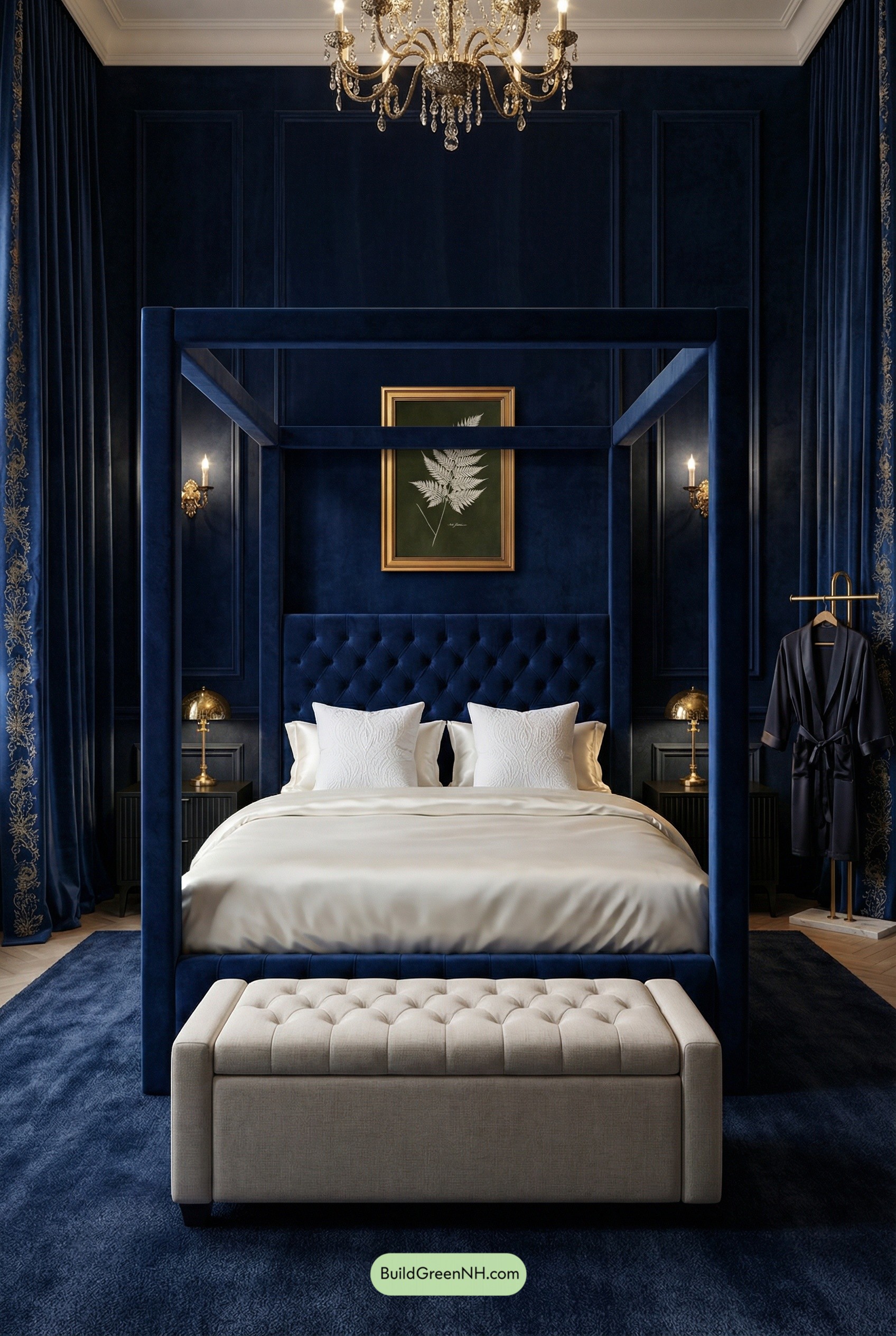 Sapphire Canopy Bedroom With Gilded Glow