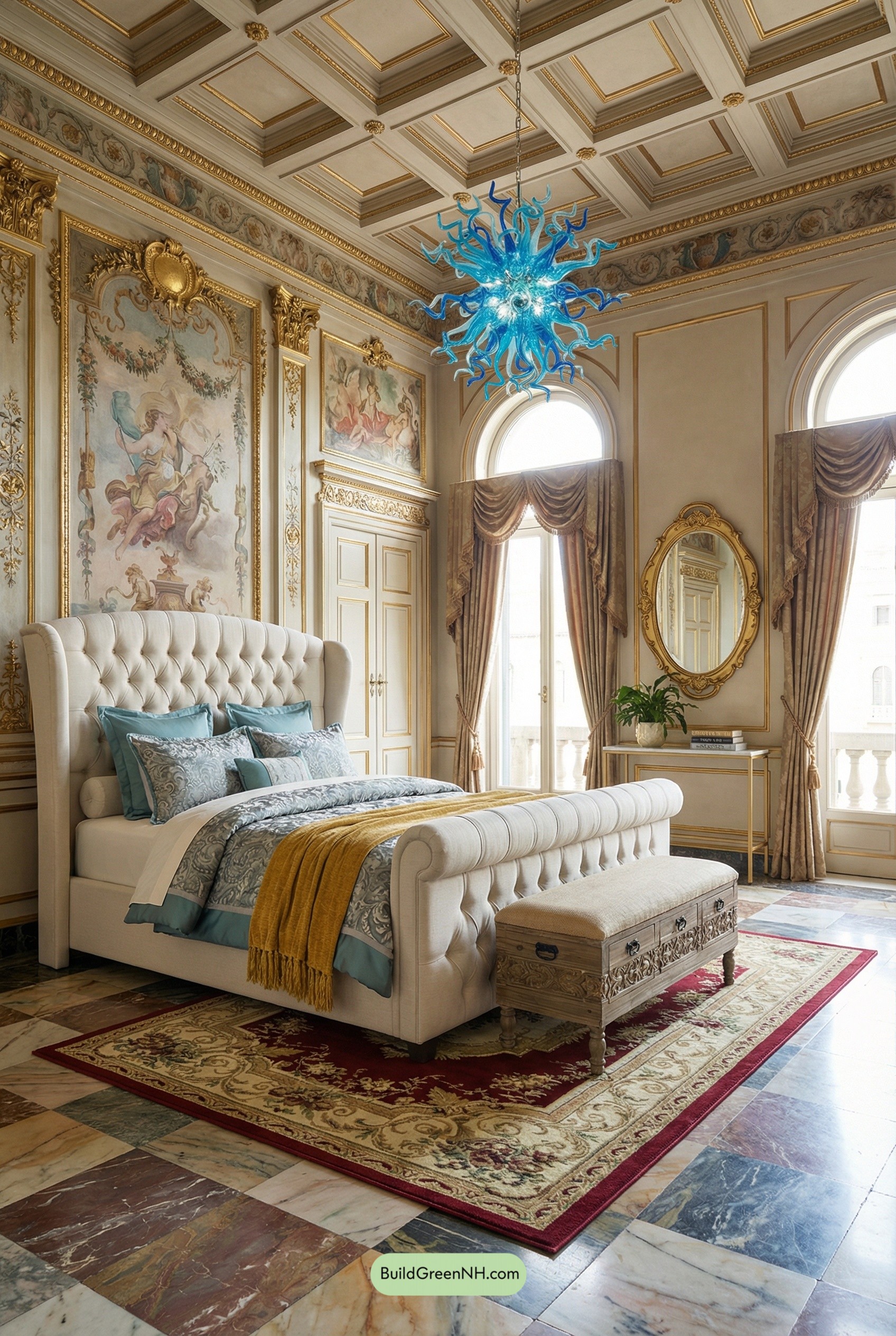 Palazzo Frescoes, Marble Floors, Electric Blue Glow