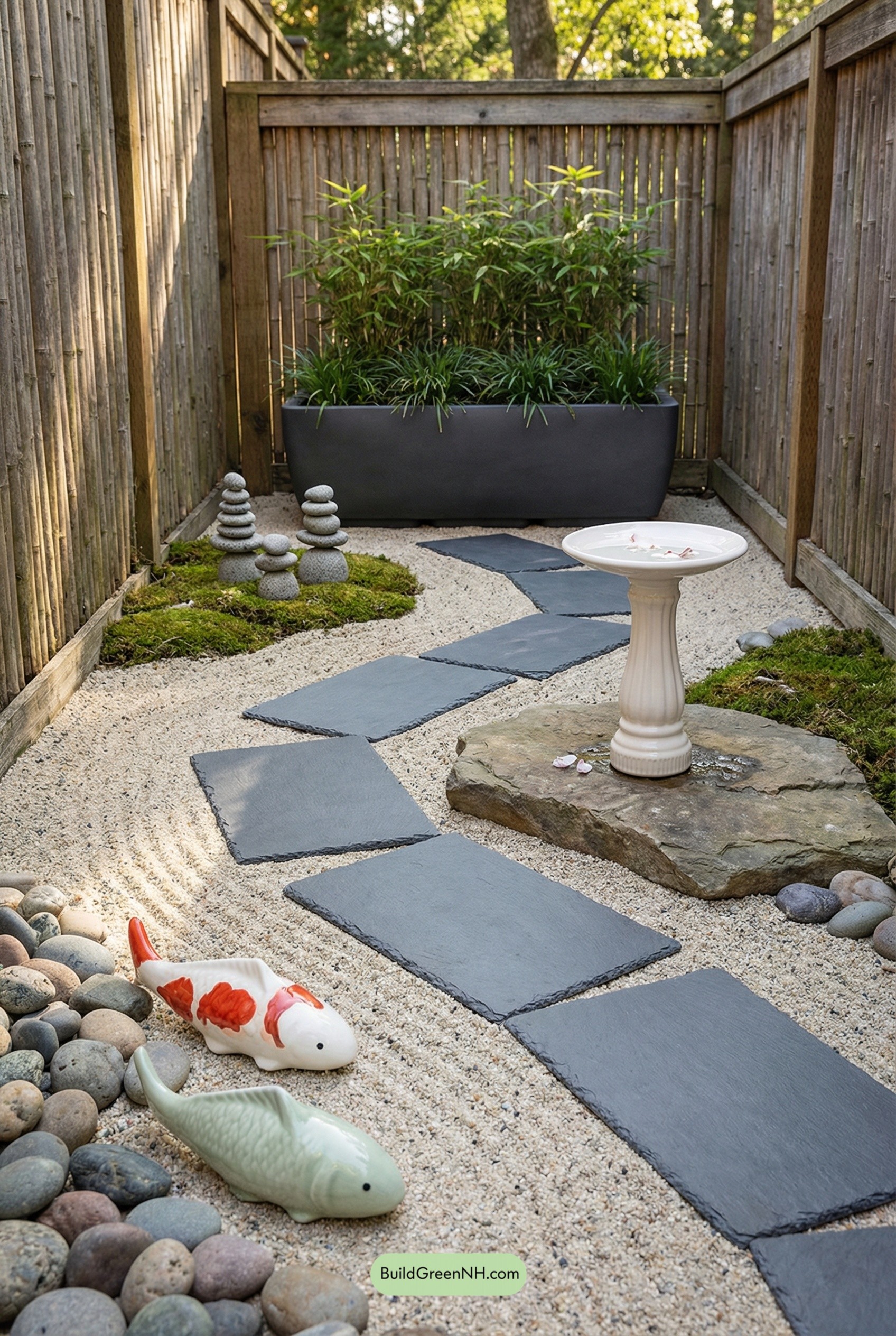 Ceramic Koi Along a Zen Path