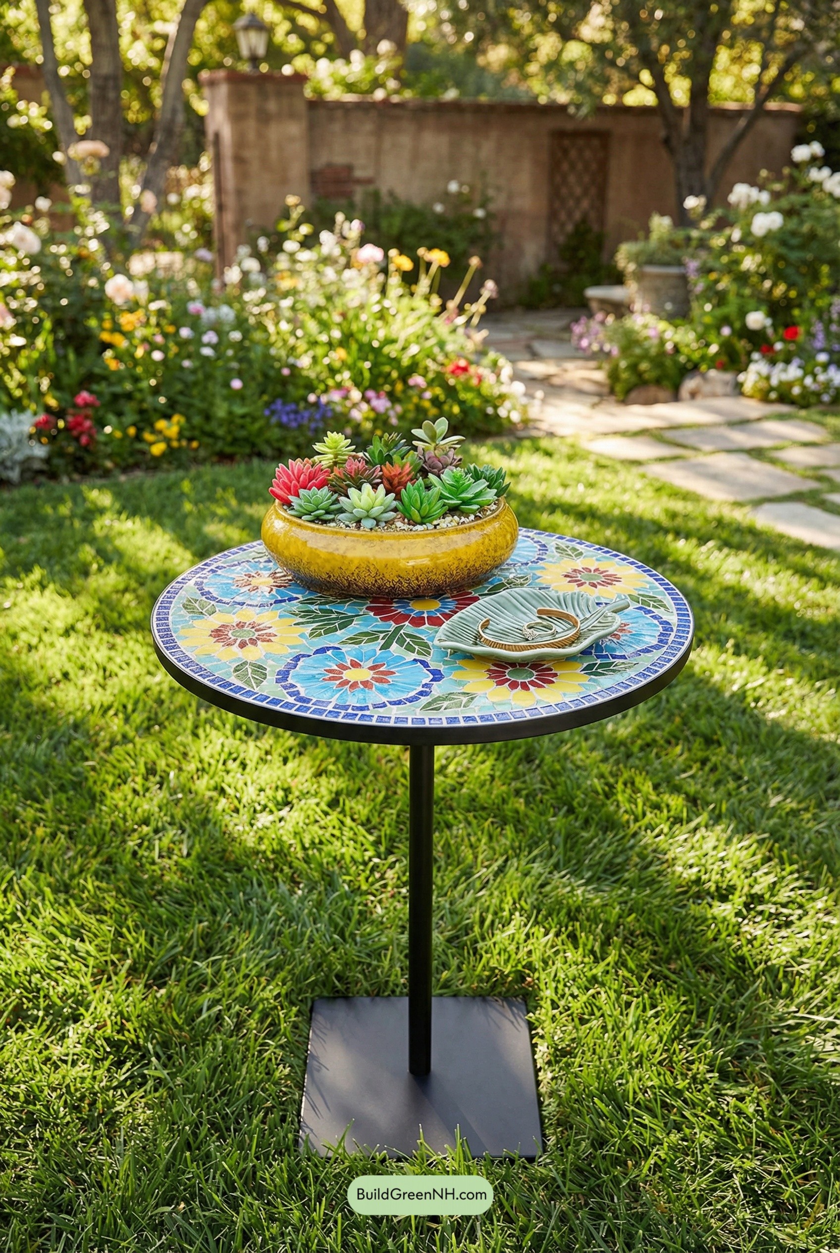 Floral Mosaic Platter Garden Pedestal
