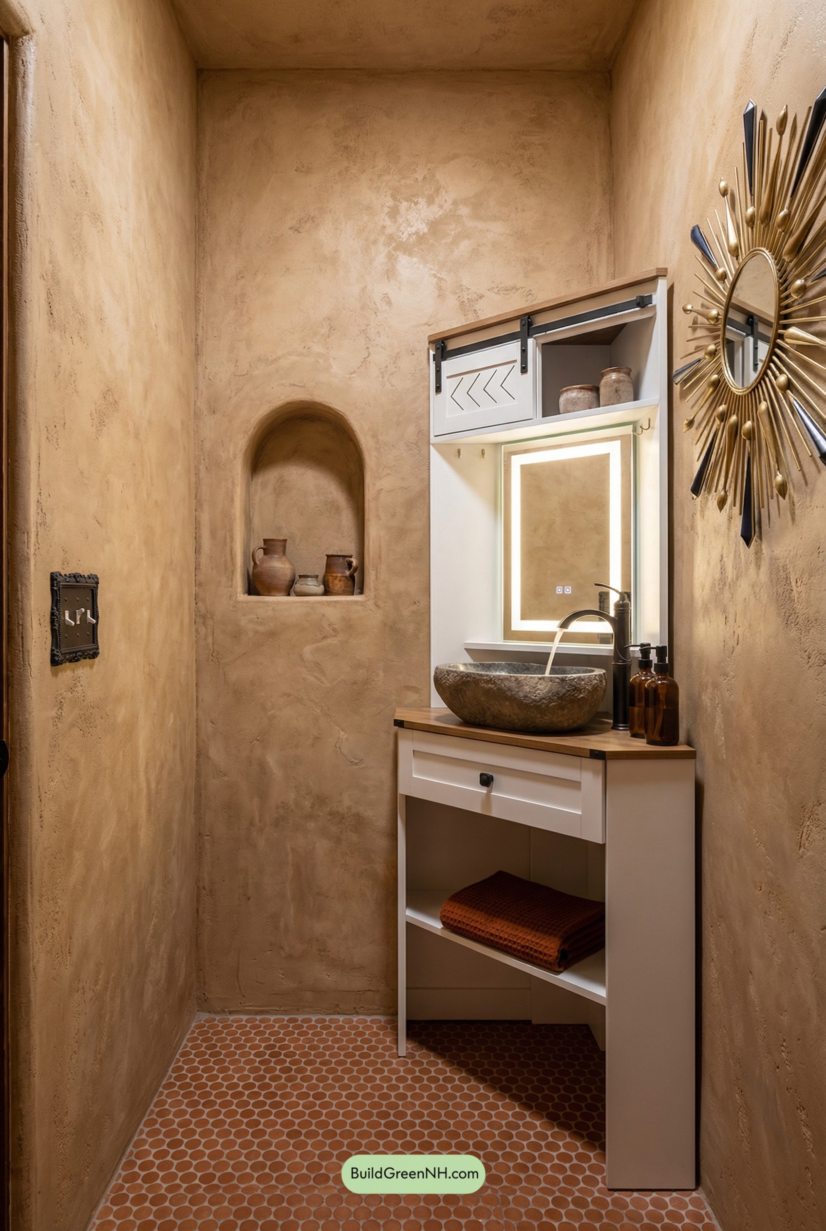 Tuscan Plaster Powder Room with Stone Bowl