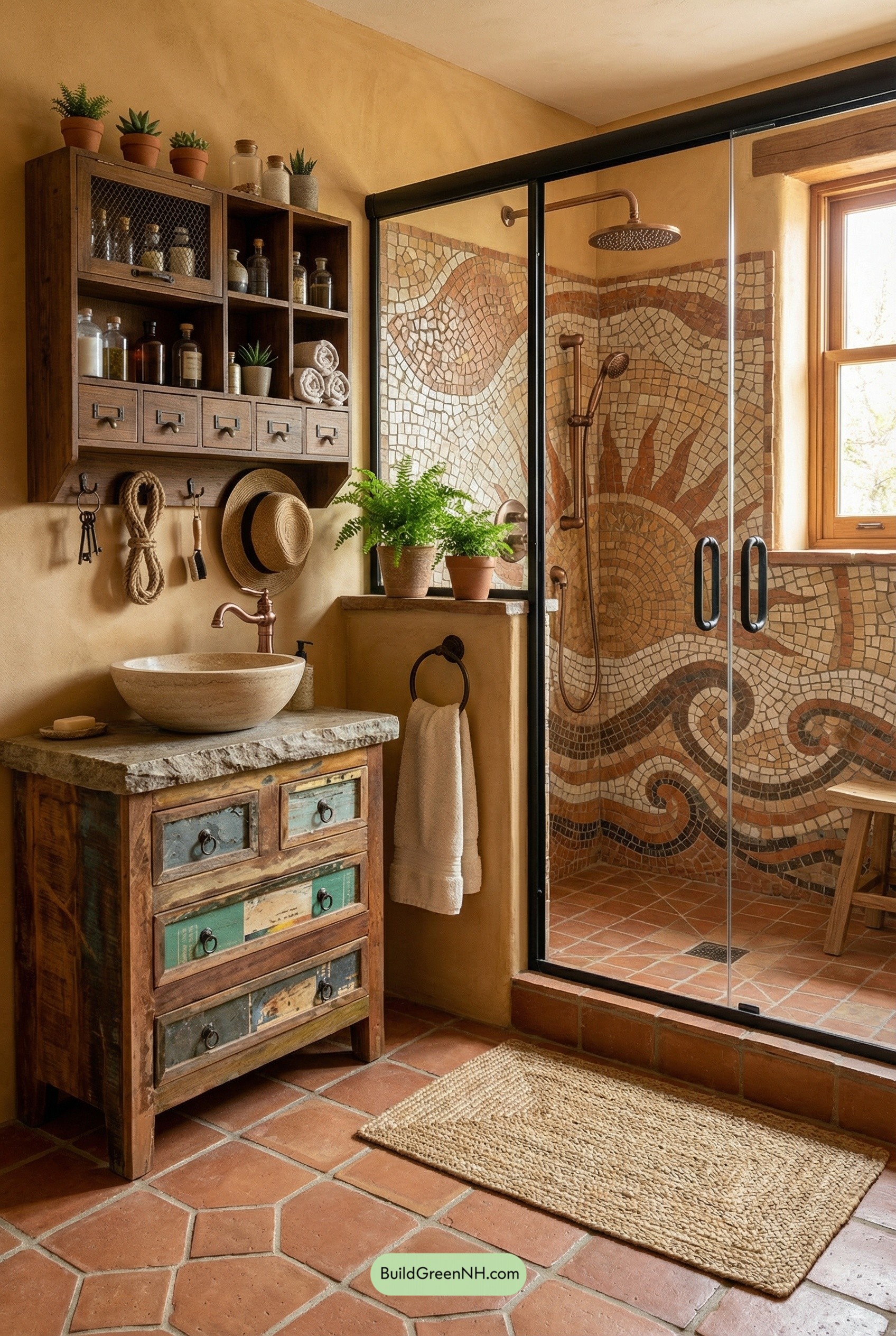 Tuscan Mosaic Shower, Reclaimed Vanity Charm