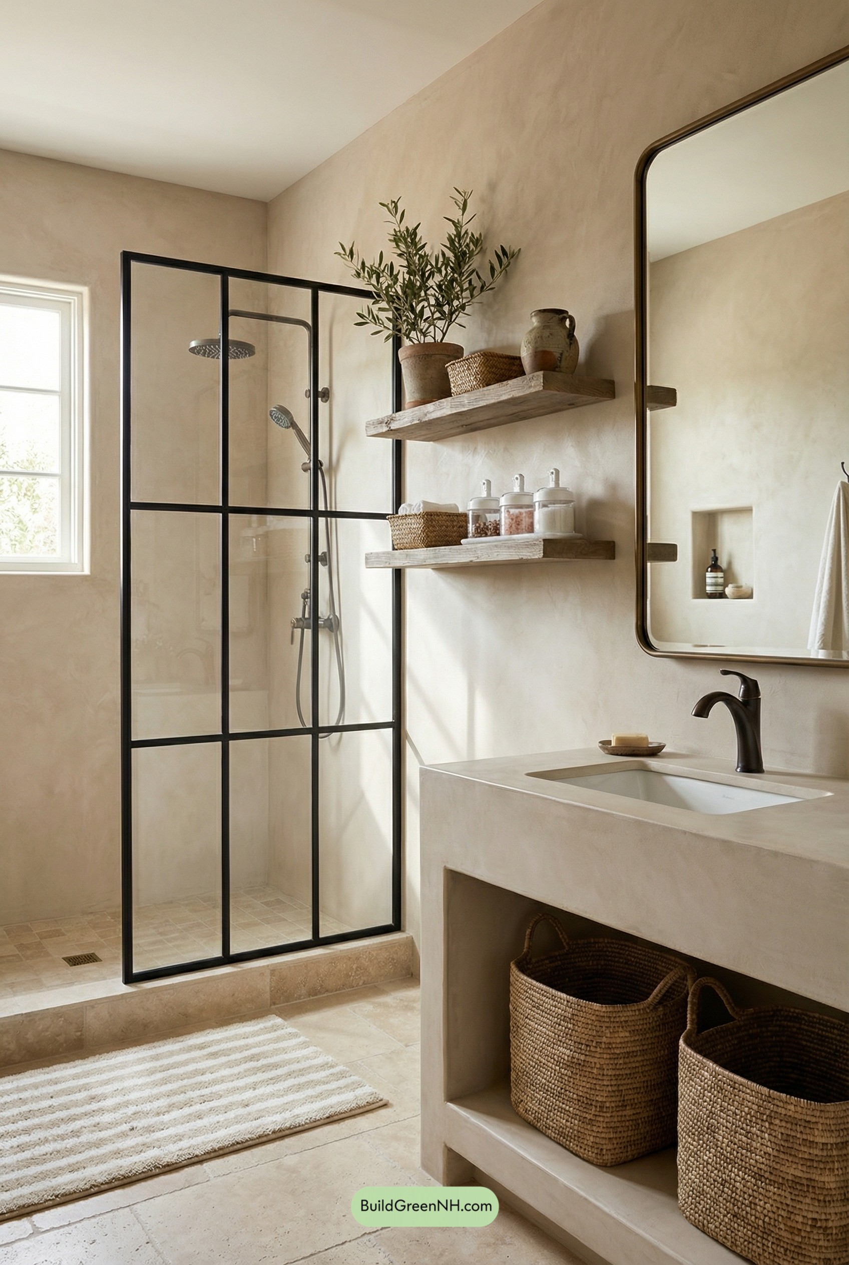 Sun-Washed Tuscan Shower and Stone Vanity