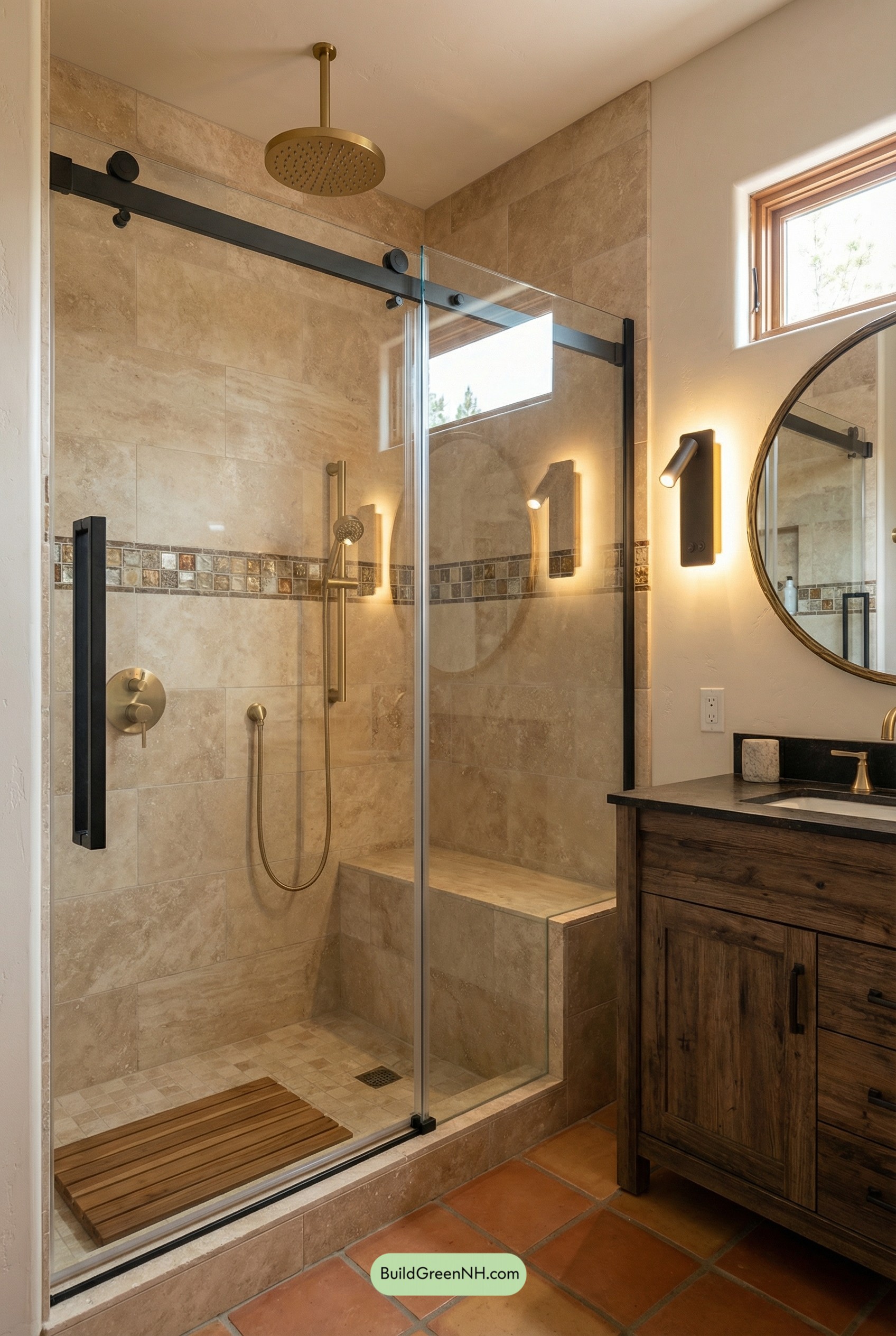Tuscan Walk-In Shower, Brass Glow