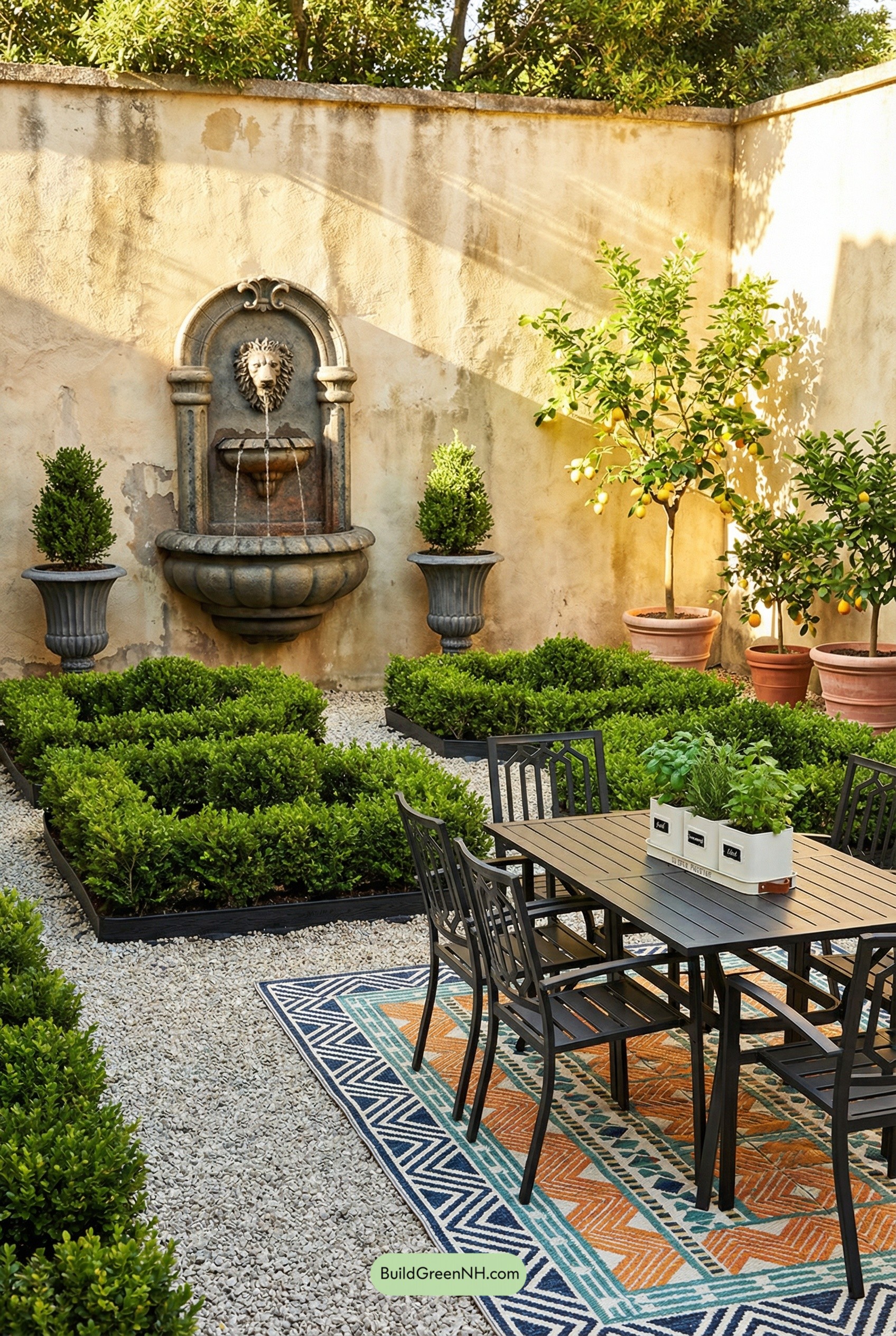 Lion Fountain, Parterre, and Patio Lunch Spot