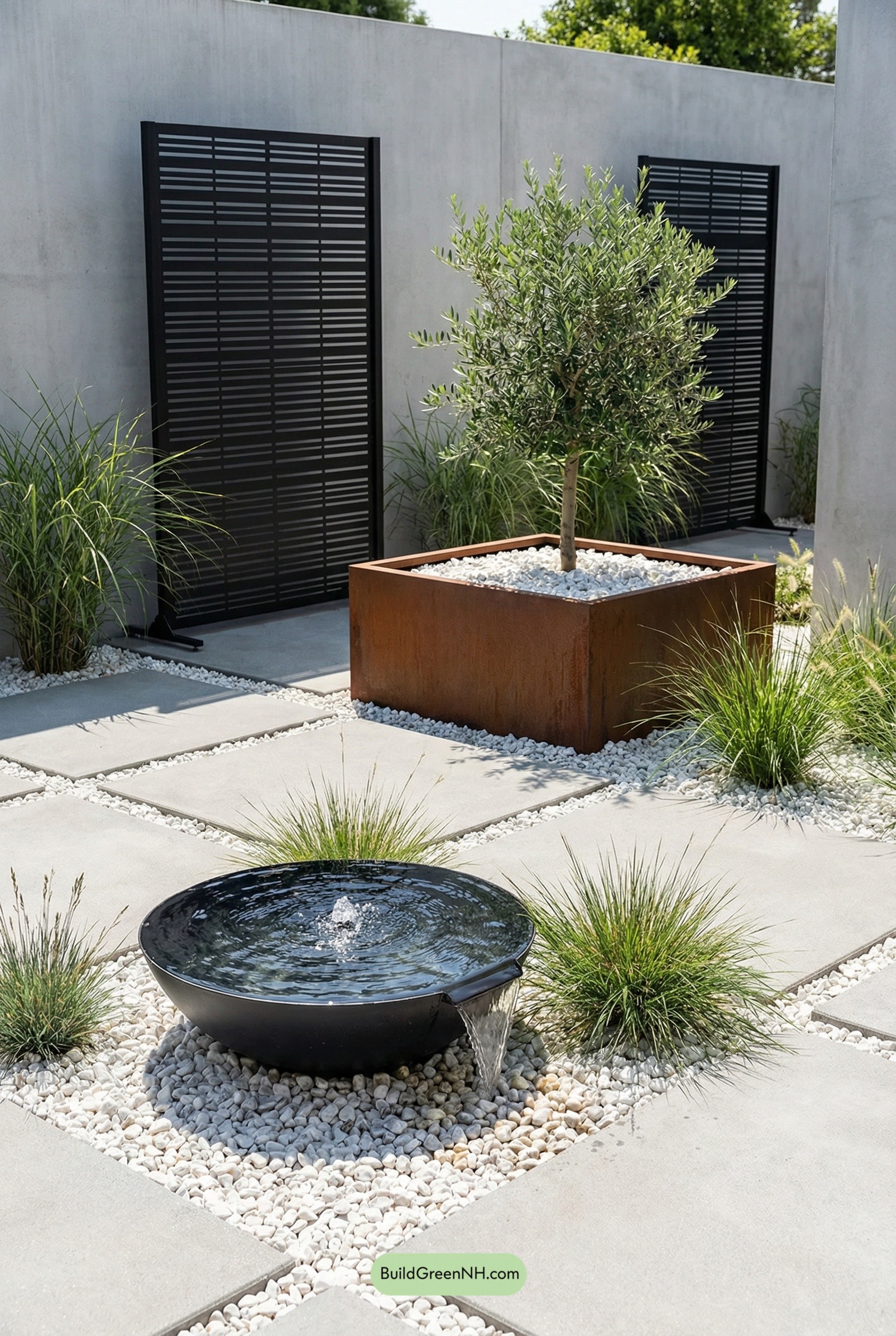 Bubbling Bowl Fountain, Clean Courtyard Lines