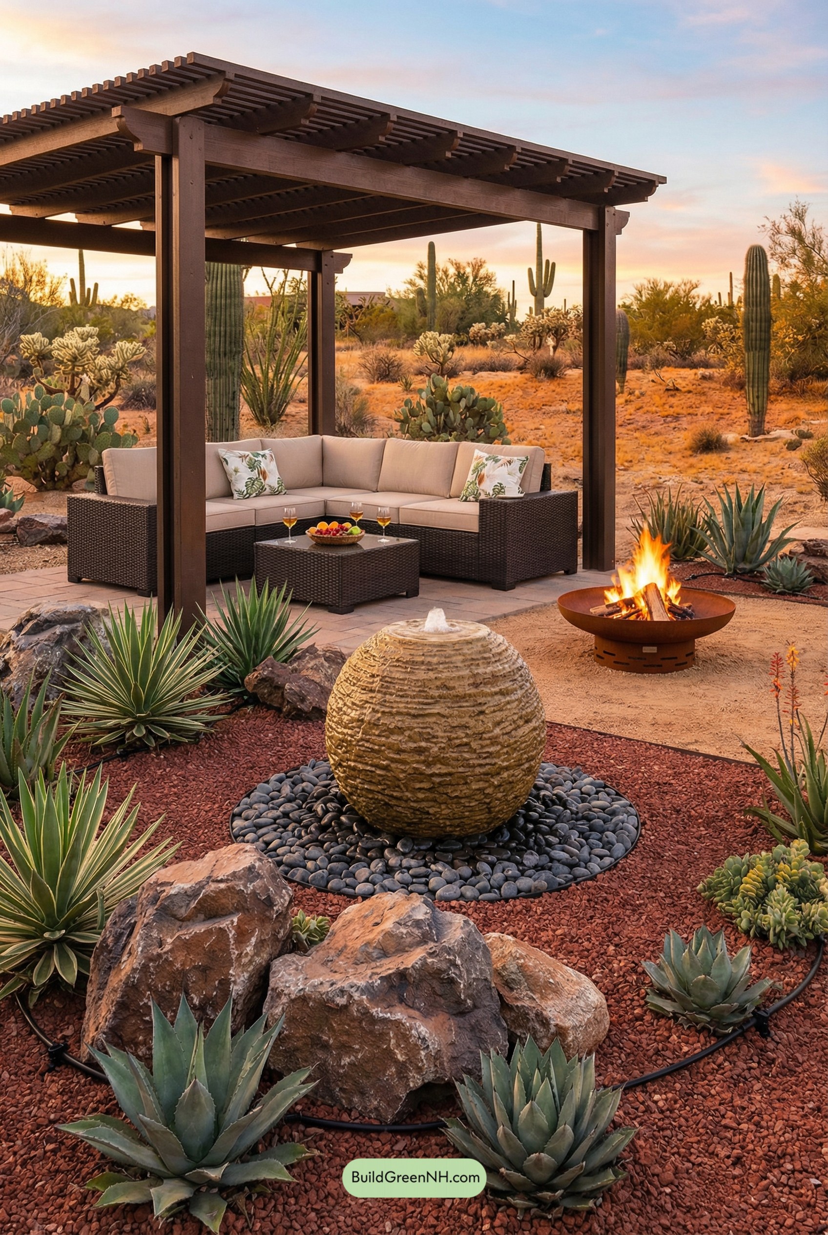 Sandstone Sphere Fountain, Desert Lounge Garden