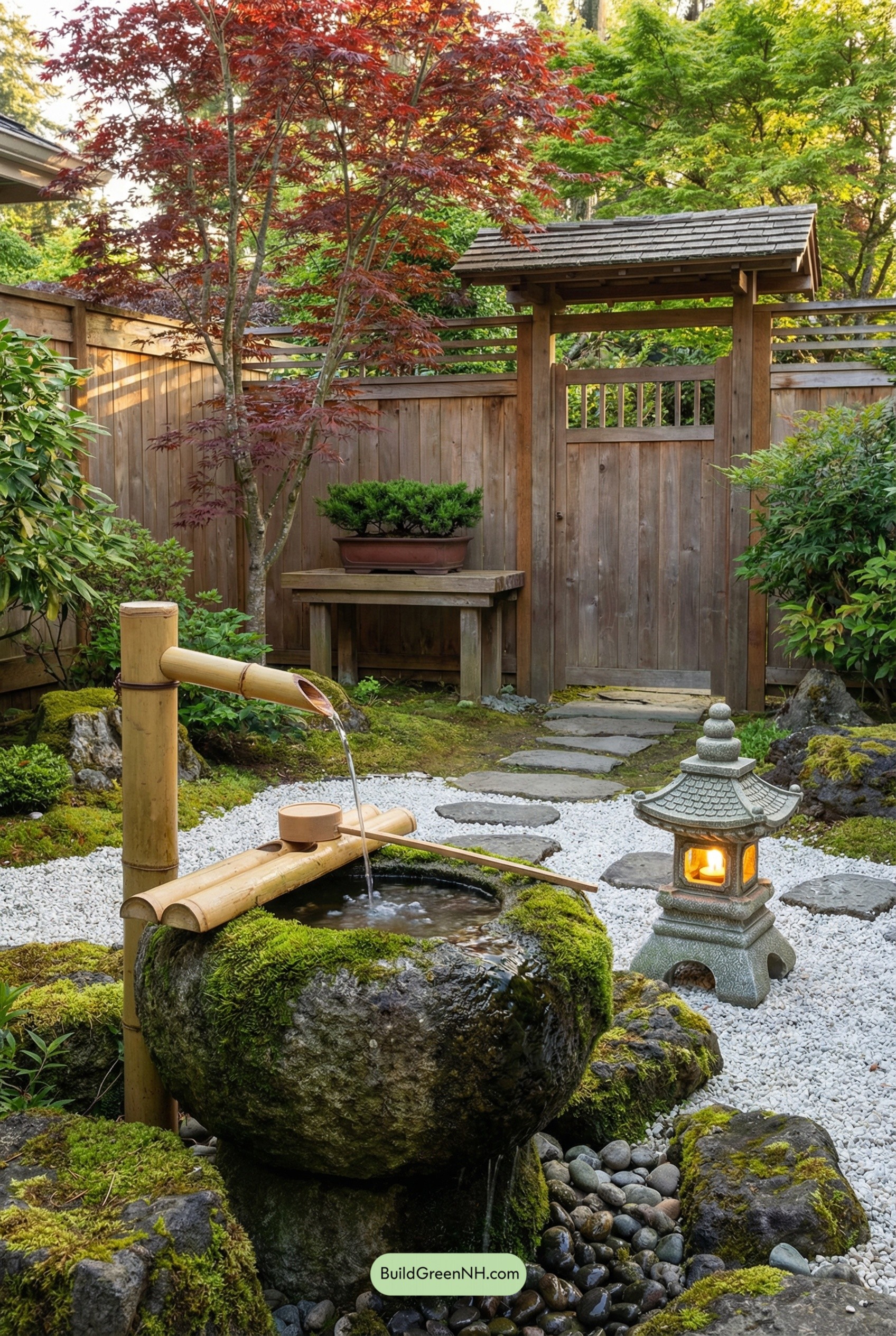 Bamboo Spout Basin in a Zen Courtyard