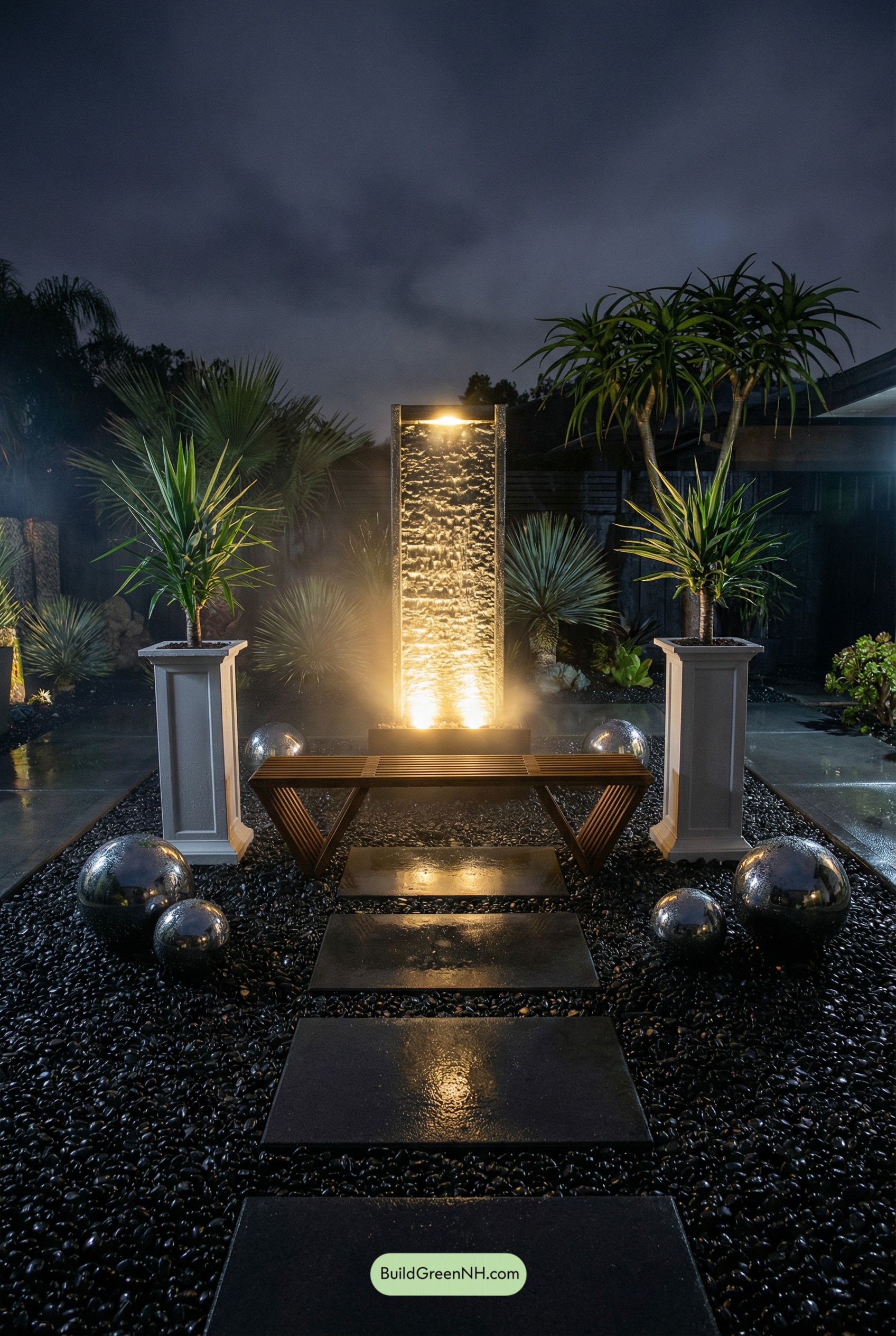 Midnight Glow Fountain Courtyard