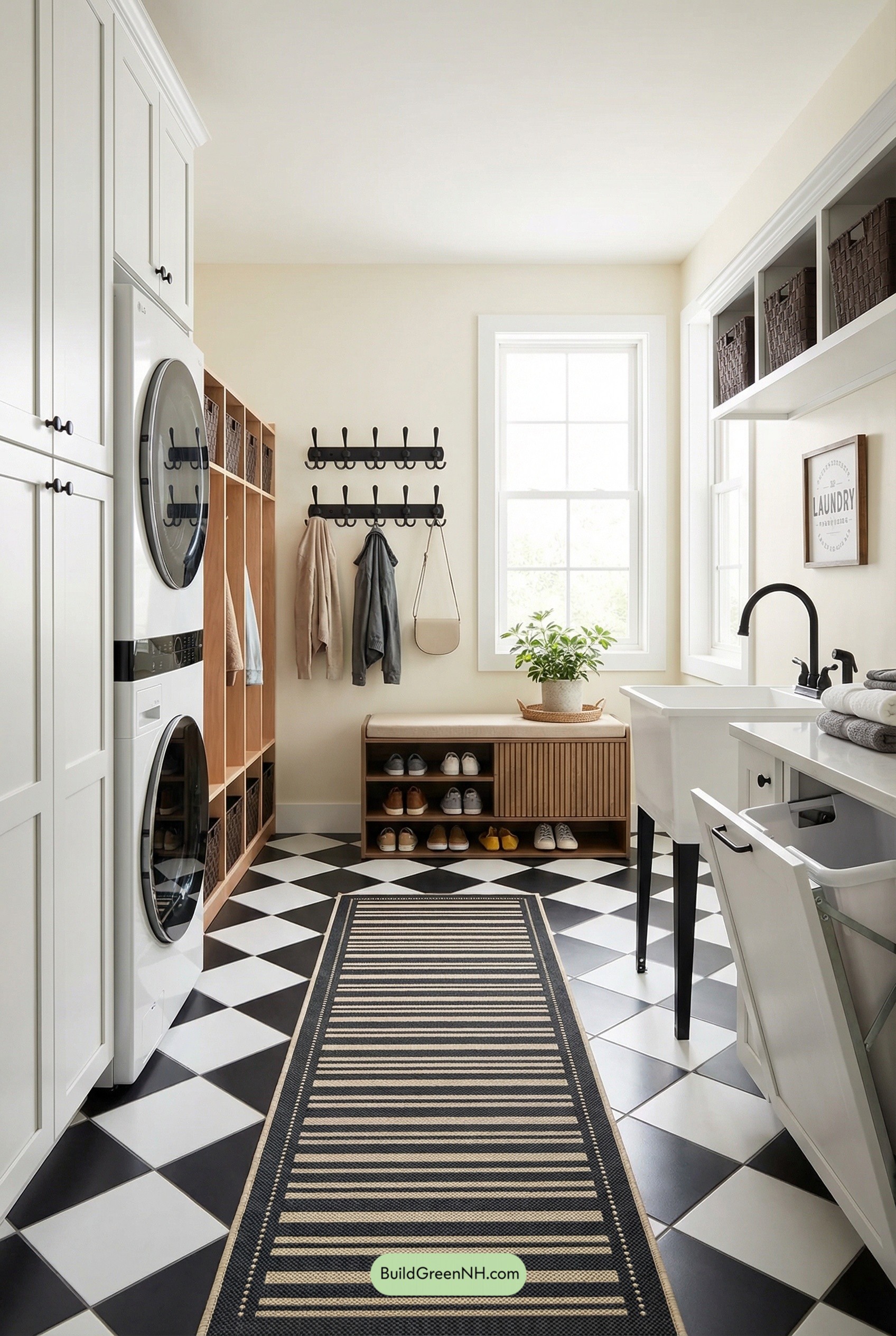 Checkered Farmhouse Mudroom That Hides Laundry