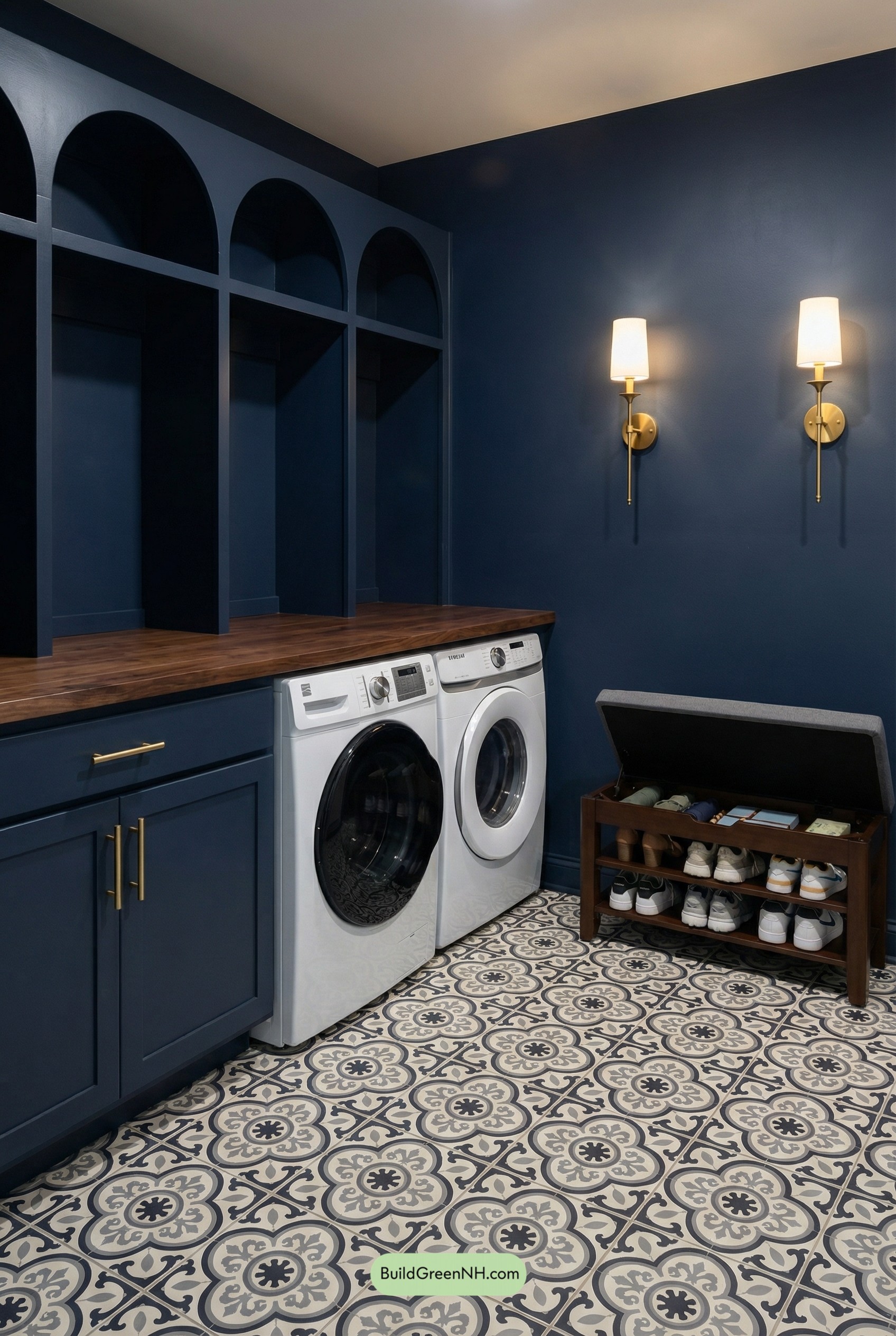 Navy Mudroom Laundry with Arched Cubbies