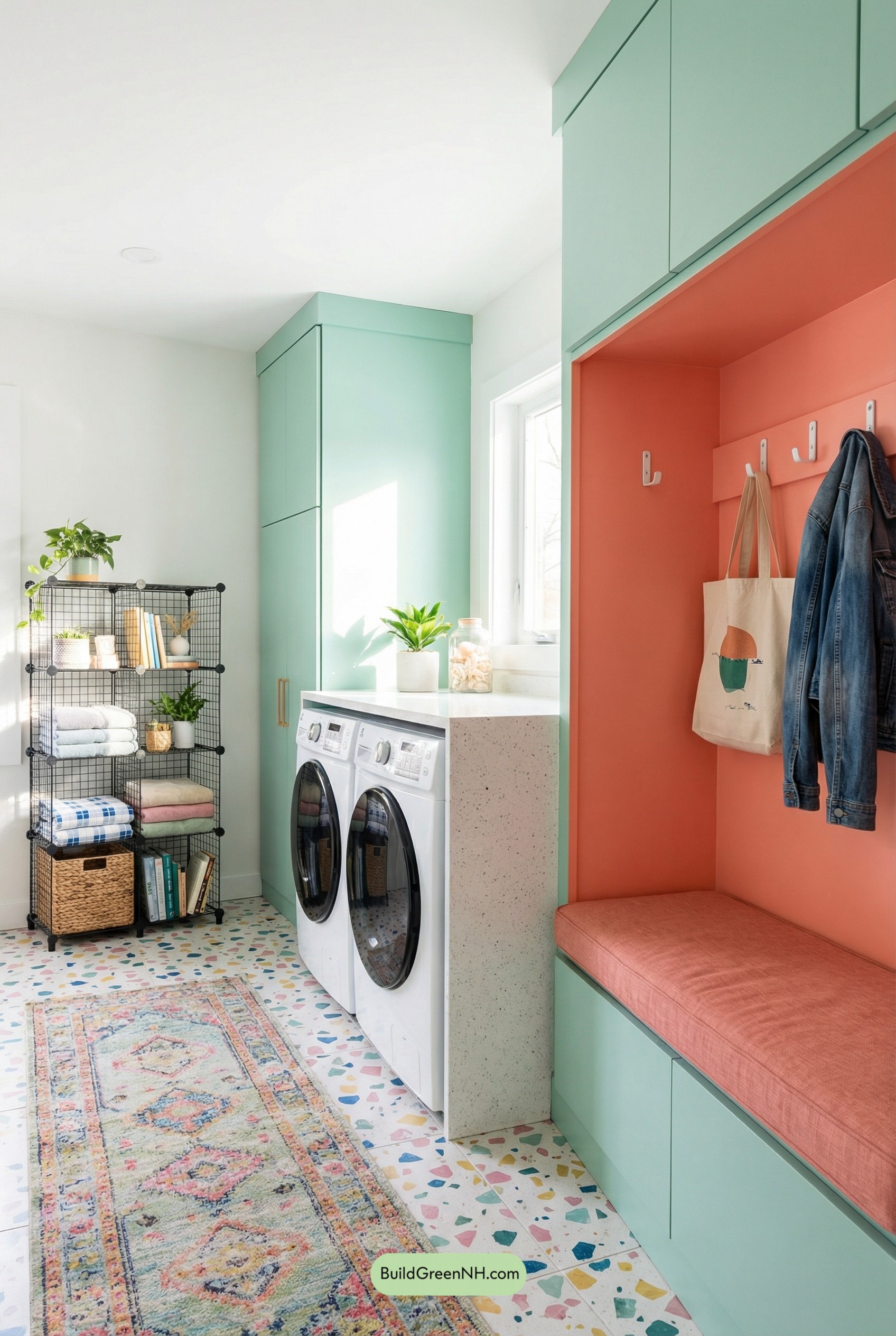 Mint-and-Coral Mudroom Laundry Moment