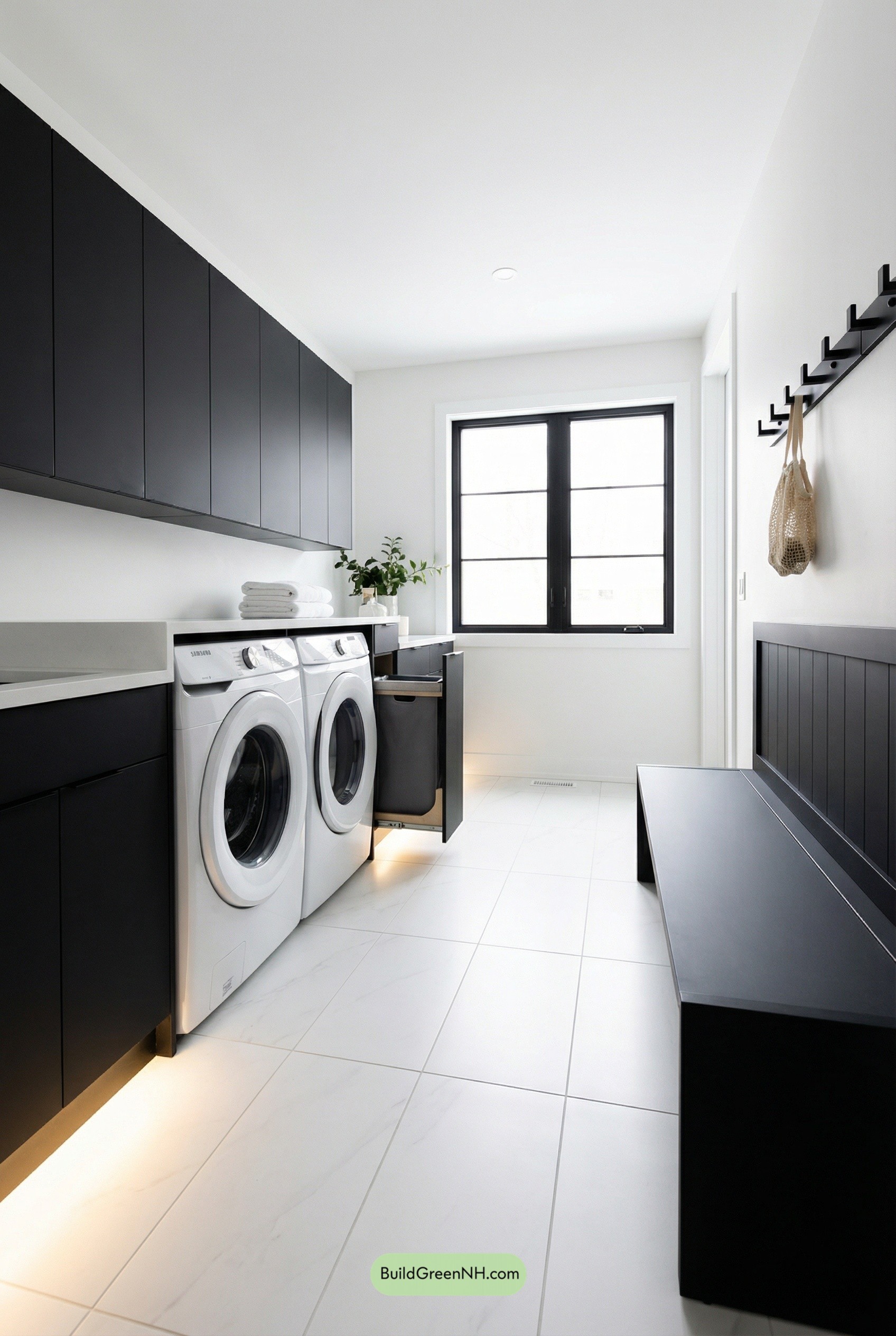 Matte-Black Mudroom Laundry with Clean Glow