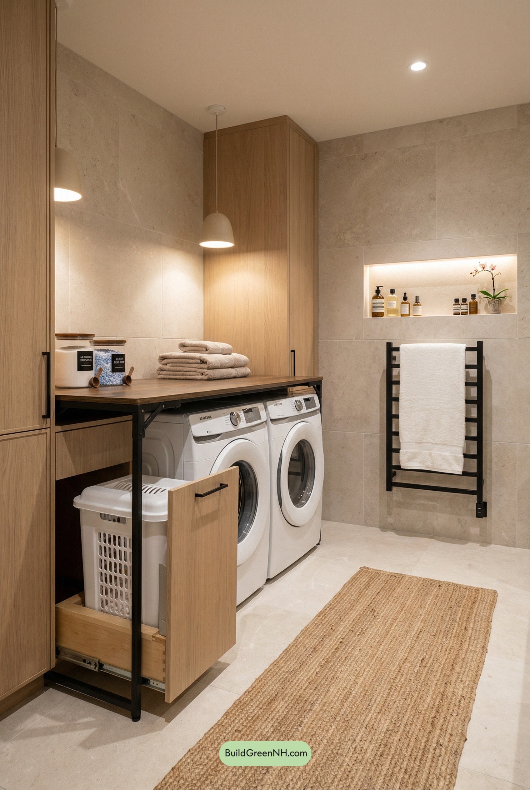 Spa-Calm Mudroom Laundry With Oak Warmth