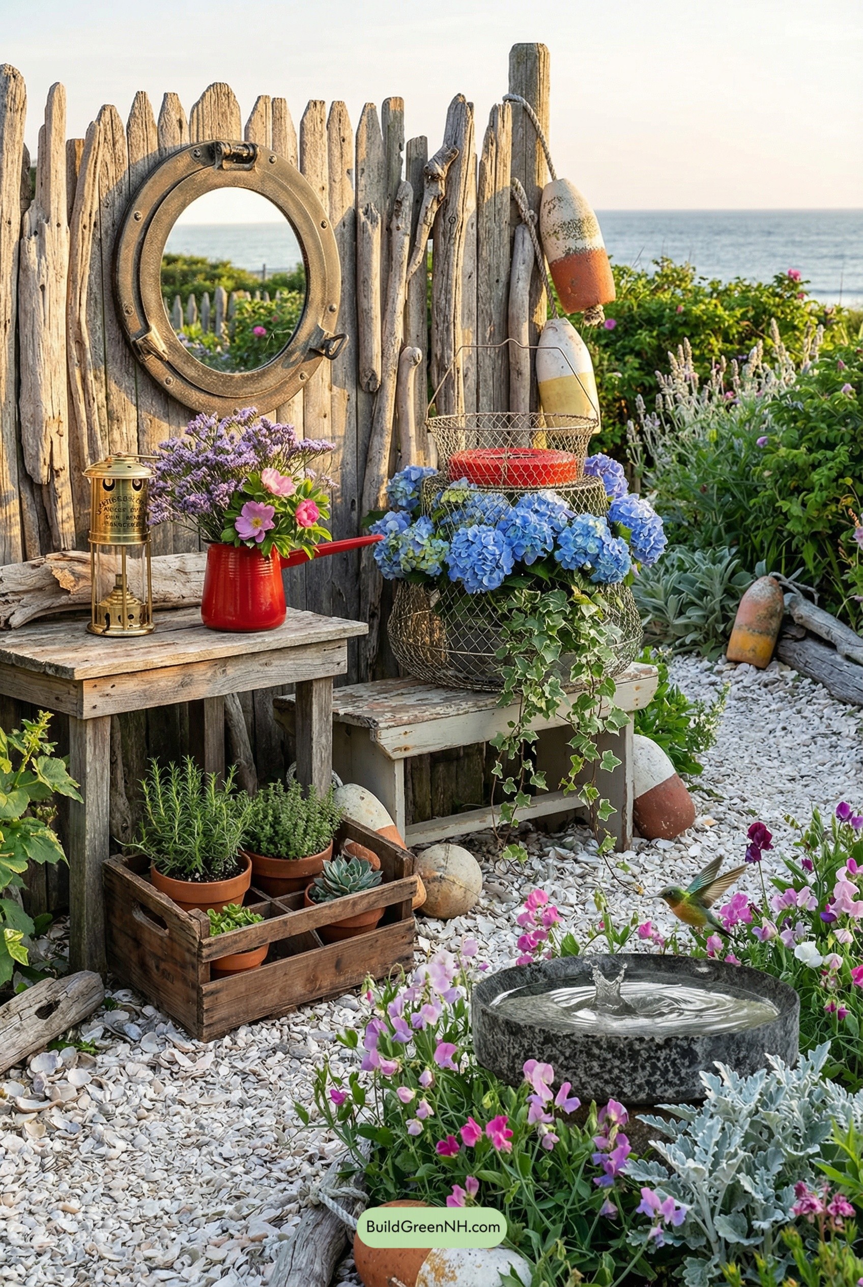 Driftwood Fence, Buoys, and Blooming Blues