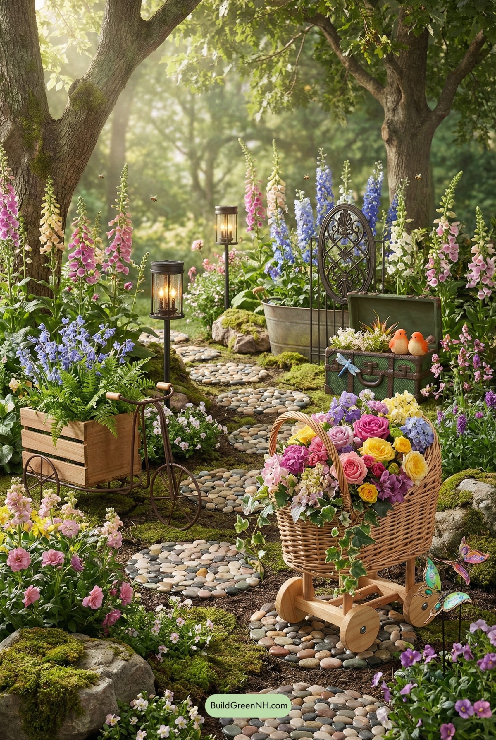 Pebble Path Through Vintage Garden Vignettes