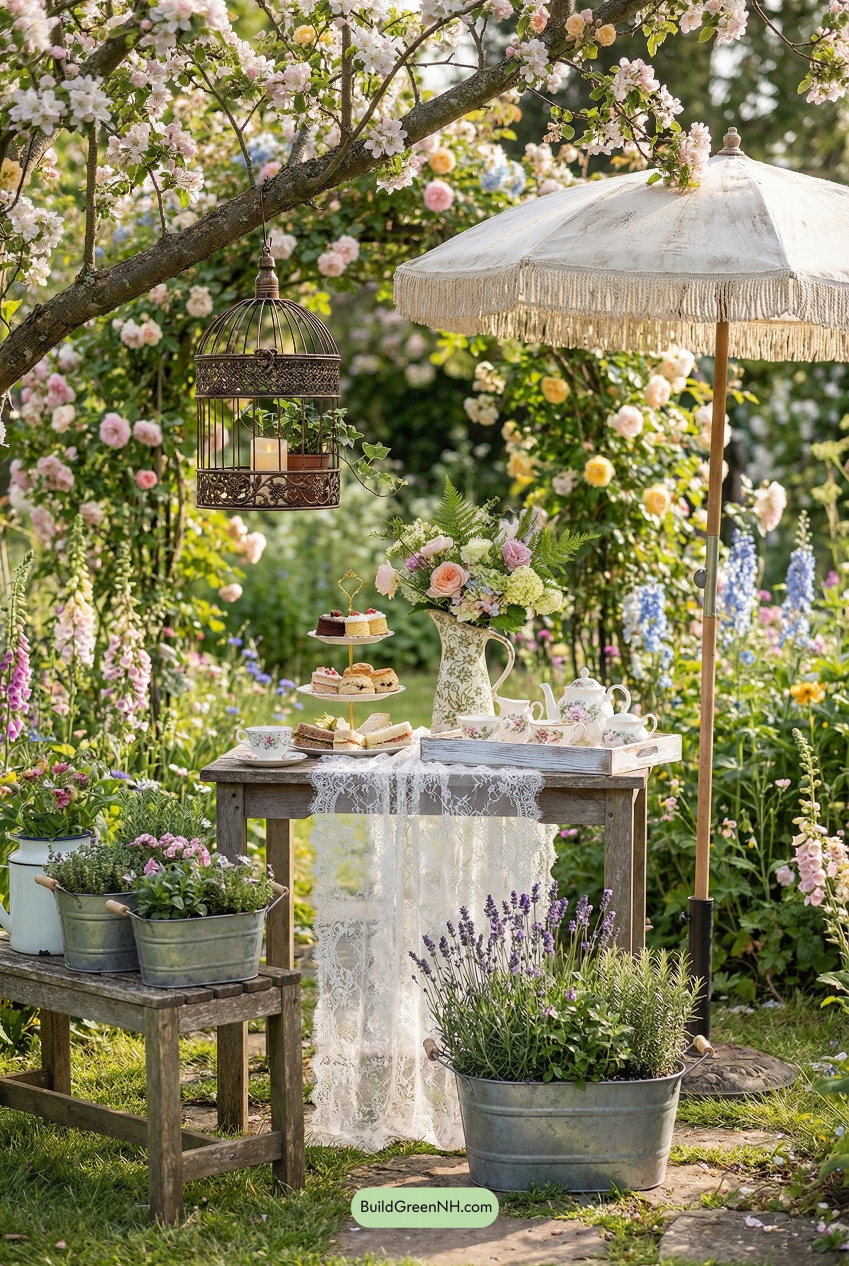 Tea Table Tucked Under Spring Blossoms