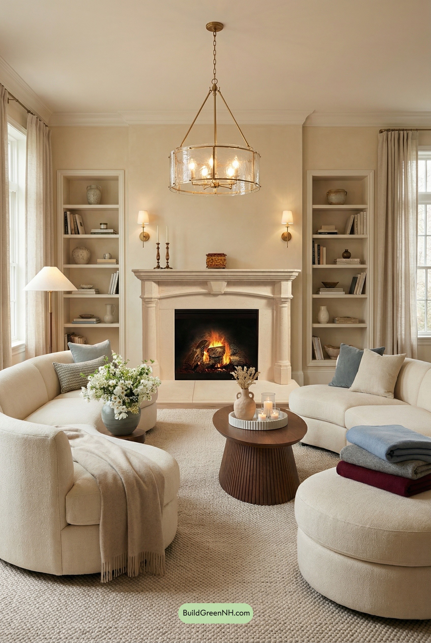 Curves, Limestone, and a Soft-Glow Hearth