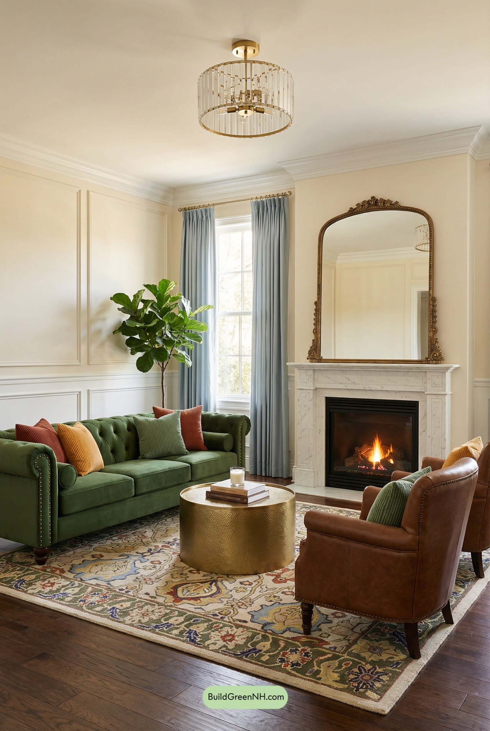 Emerald Chesterfield Meets Marble-Glow Hearth