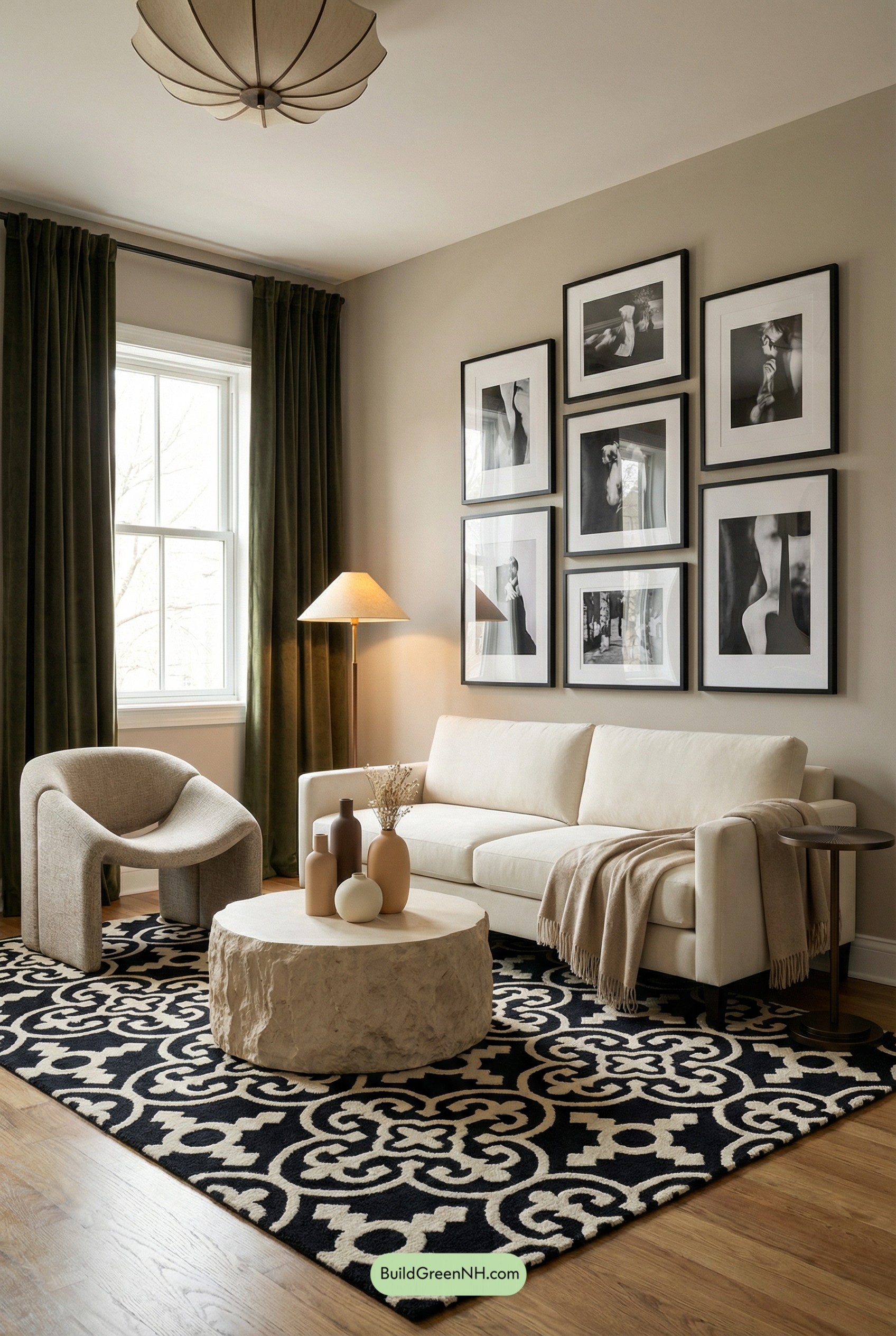 Gallery Wall, Soft Curves, Bold Rug