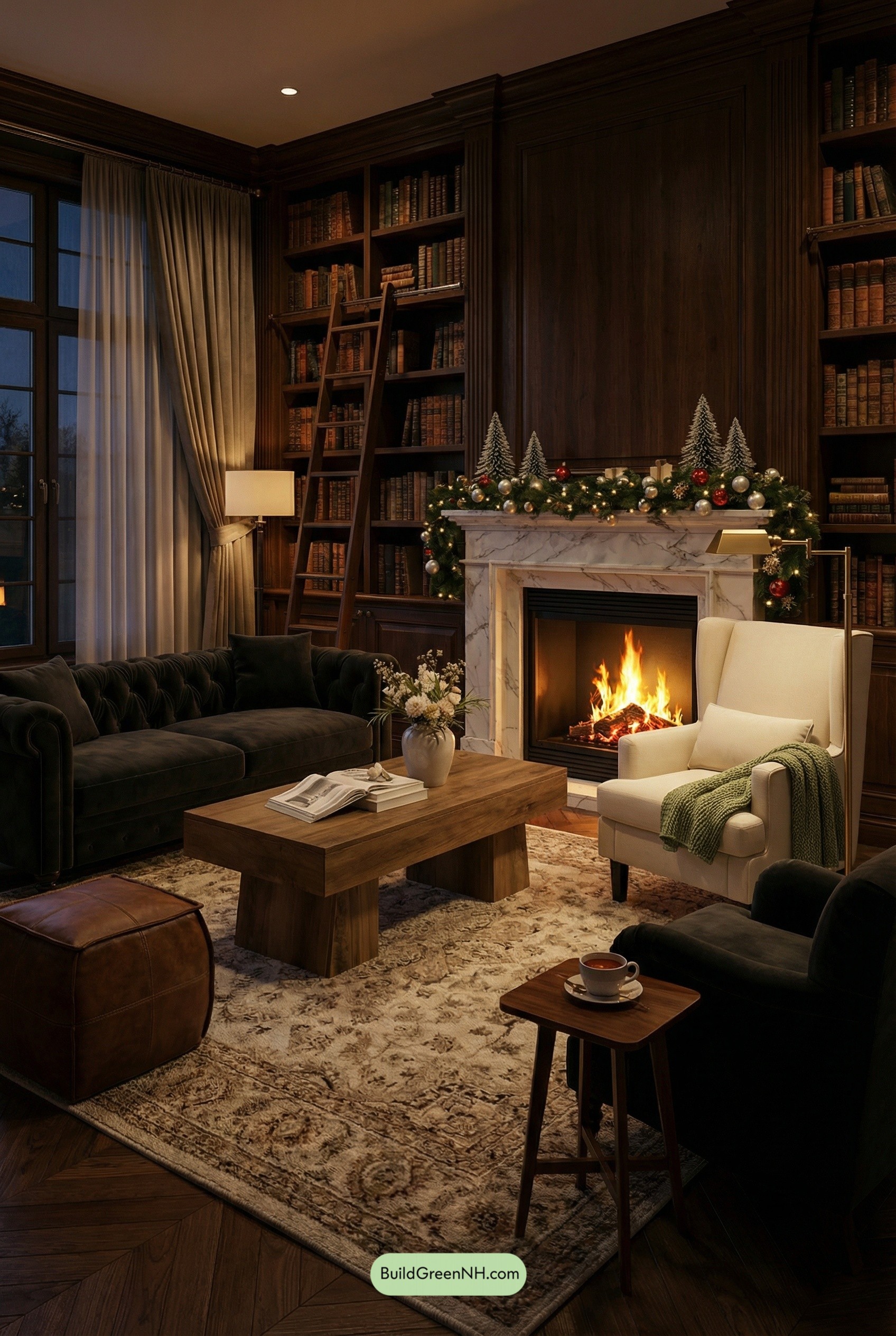 Firelit Library Lounge with Cozy Glam