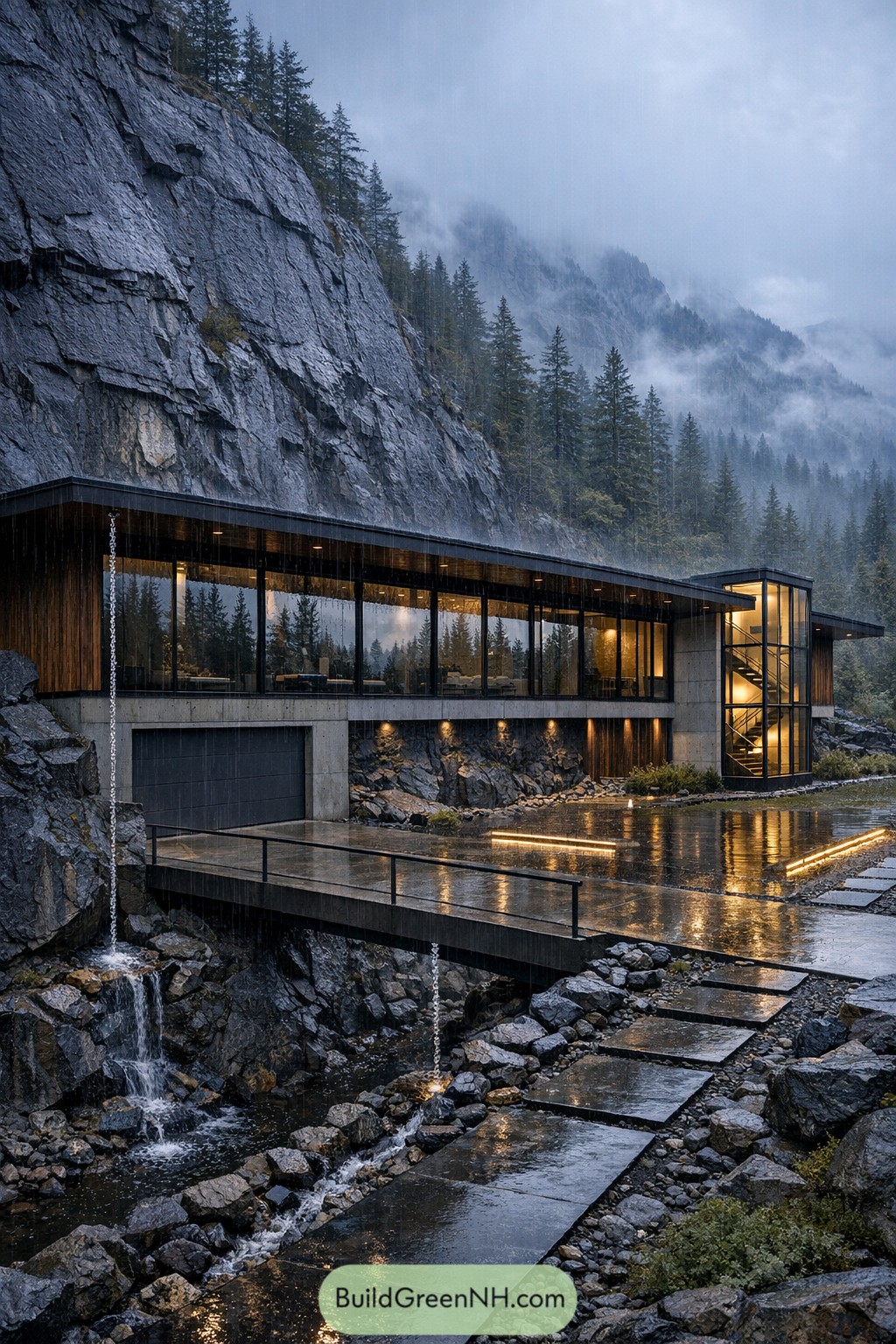 Modern glass and concrete home built into a rainy mountain cliff with reflecting pool and stream