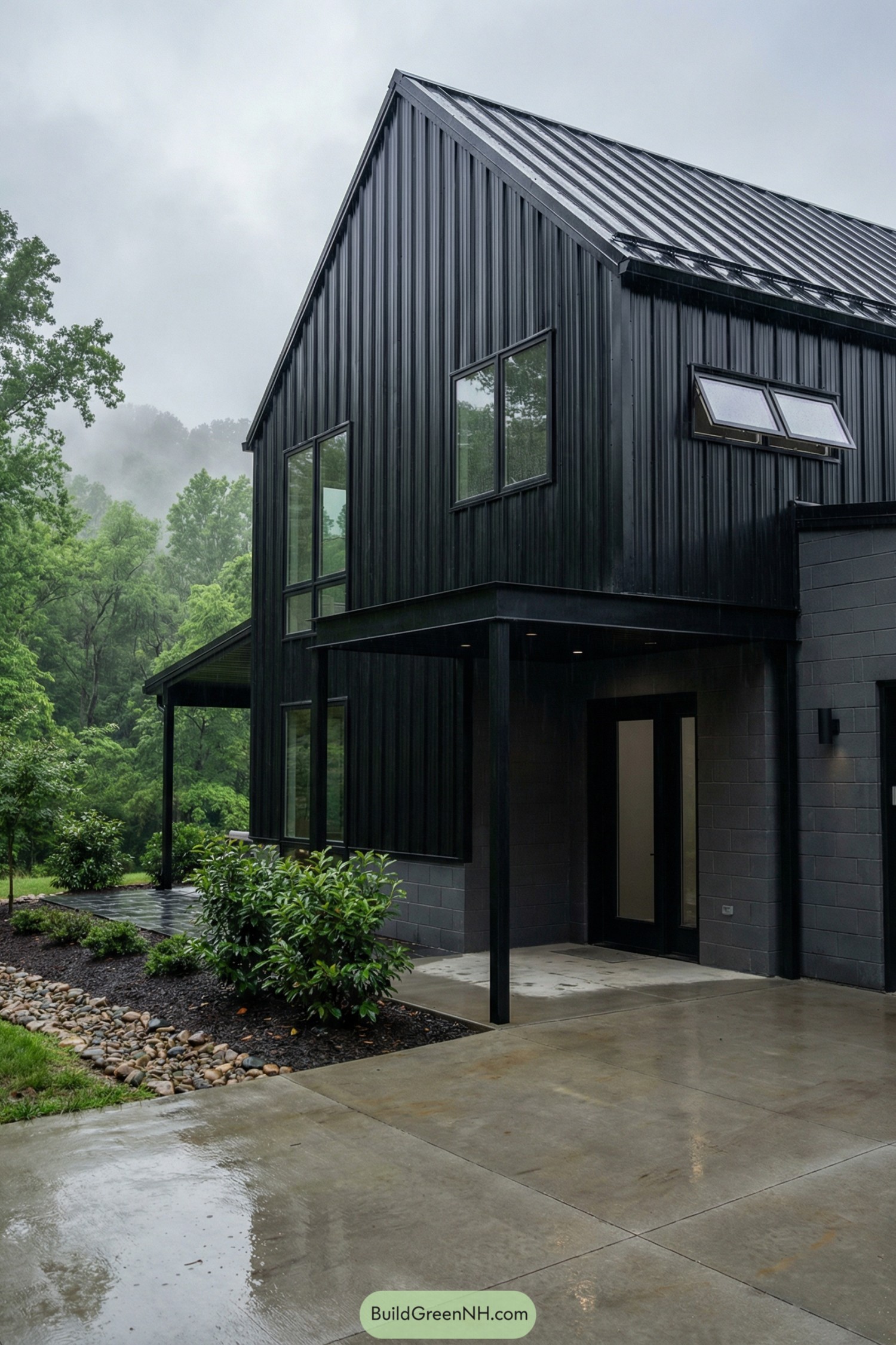 Modern black metal barndominium with tall windows set in lush misty woods