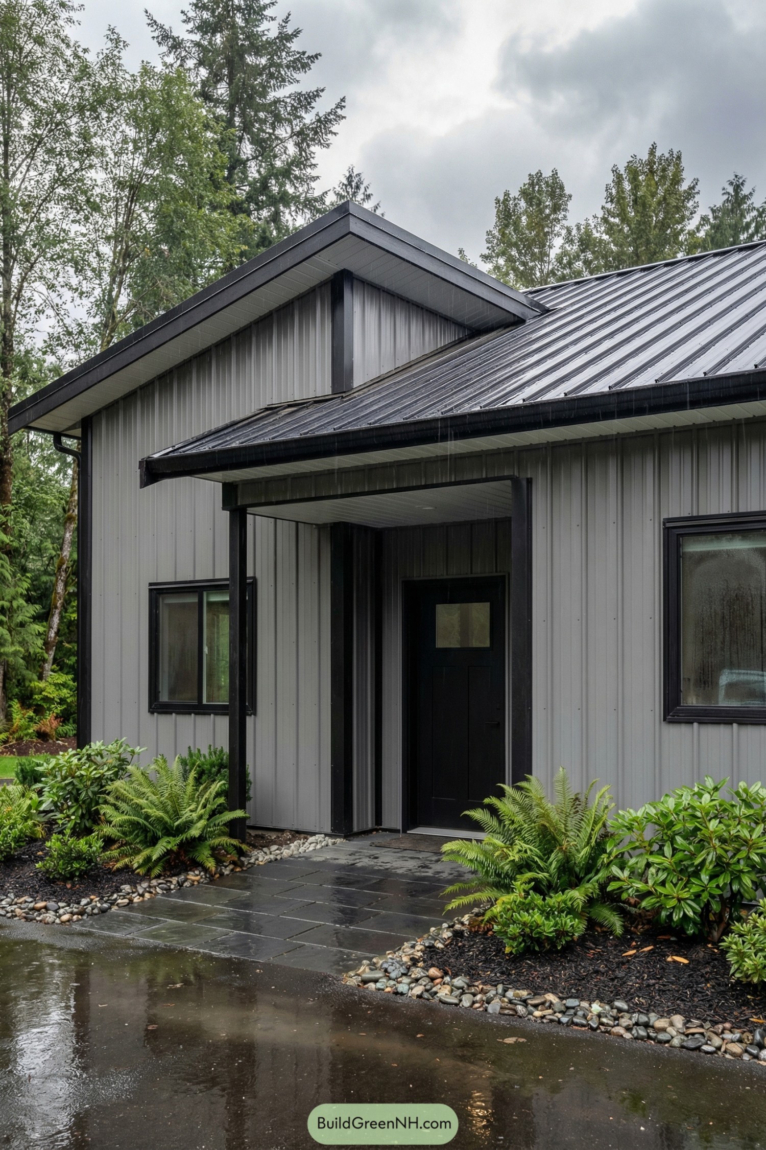 Modern grey barndominium with metal siding