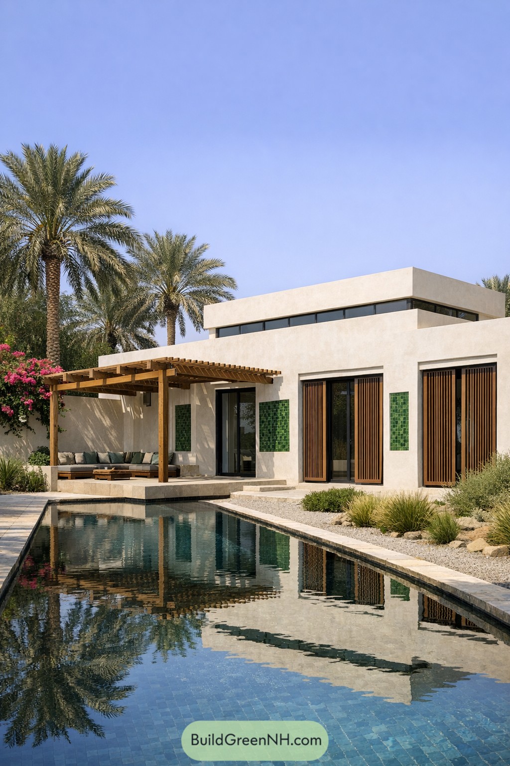 Real-life architectural photo showing the entire compact modern Arabic home in an oasis garden setting: L-shaped single-story volume with a flat roof and a slightly raised clerestory band; façade in chalky off-white lime plaster with inset panels of green-glazed ceramic tiles that catch light, timber pergola projecting over an outdoor majlis platform; tall openings are shielded by rotating timber mashrabiya fins; spring midday with bougainvillea spilling over a low wall, date palms, a narrow lap pool reflecting the façade, crisp yet gentle light, single real-life photo, high-resolution, full-frame, 28mm, f/8, ISO 100, ultra high detail, editorial architecture photography, cinematic composition, no people, no animals, no text, soft lighting, strictly no collages.