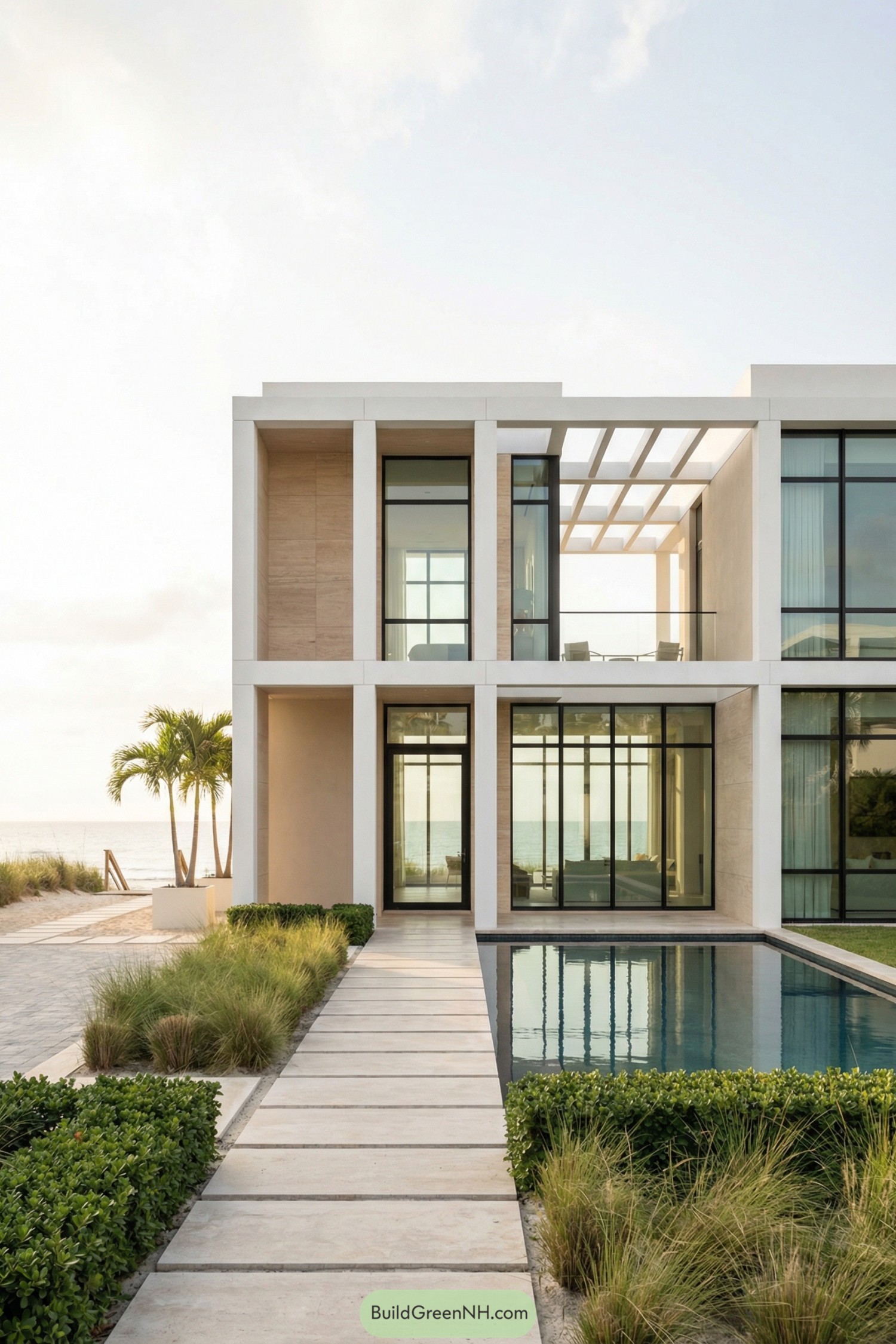 Minimalist beachfront villa with tall glass walls, reflecting pool, and framed ocean views