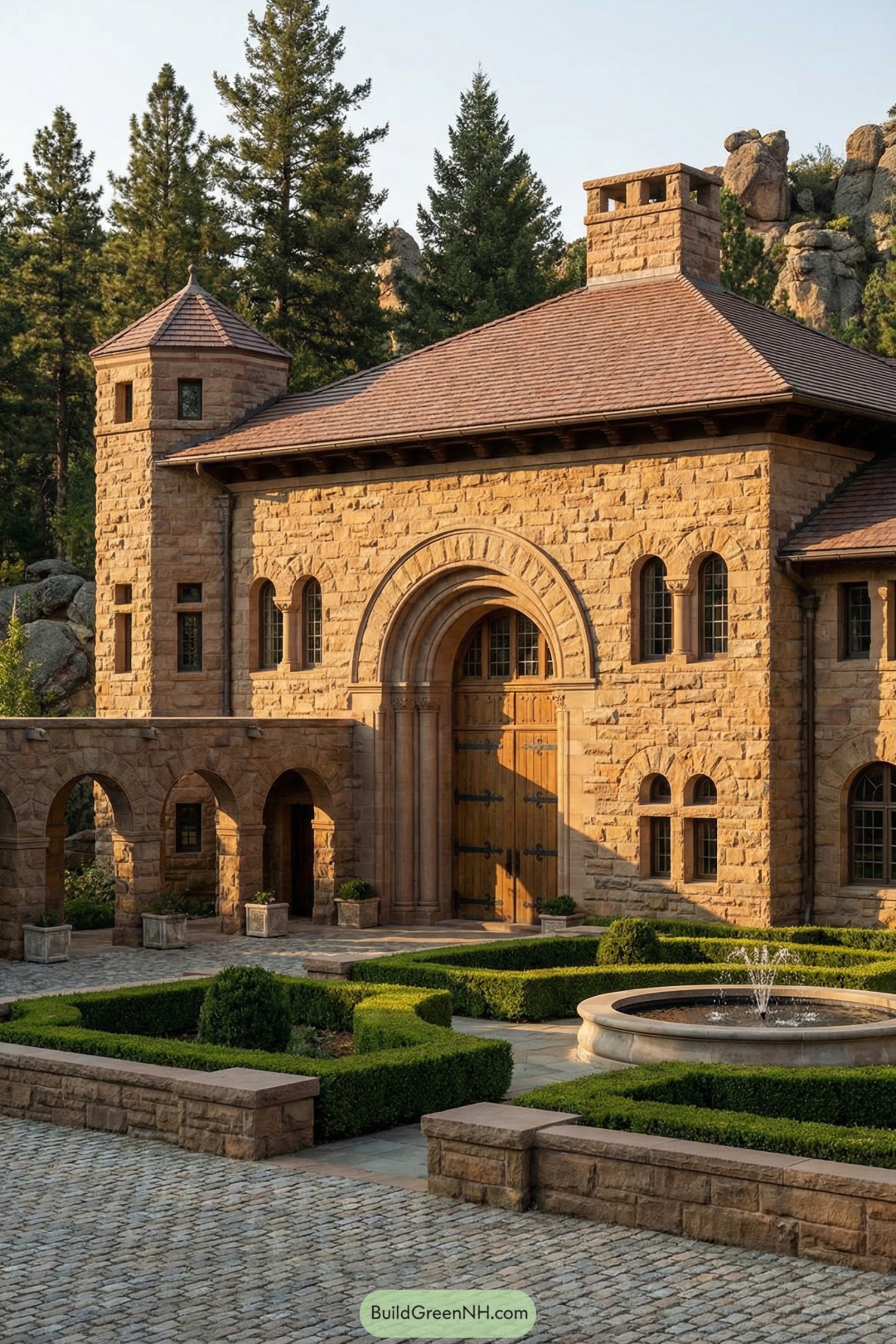 Stone manor with arched entry, turret, and formal boxwood court with central fountain
