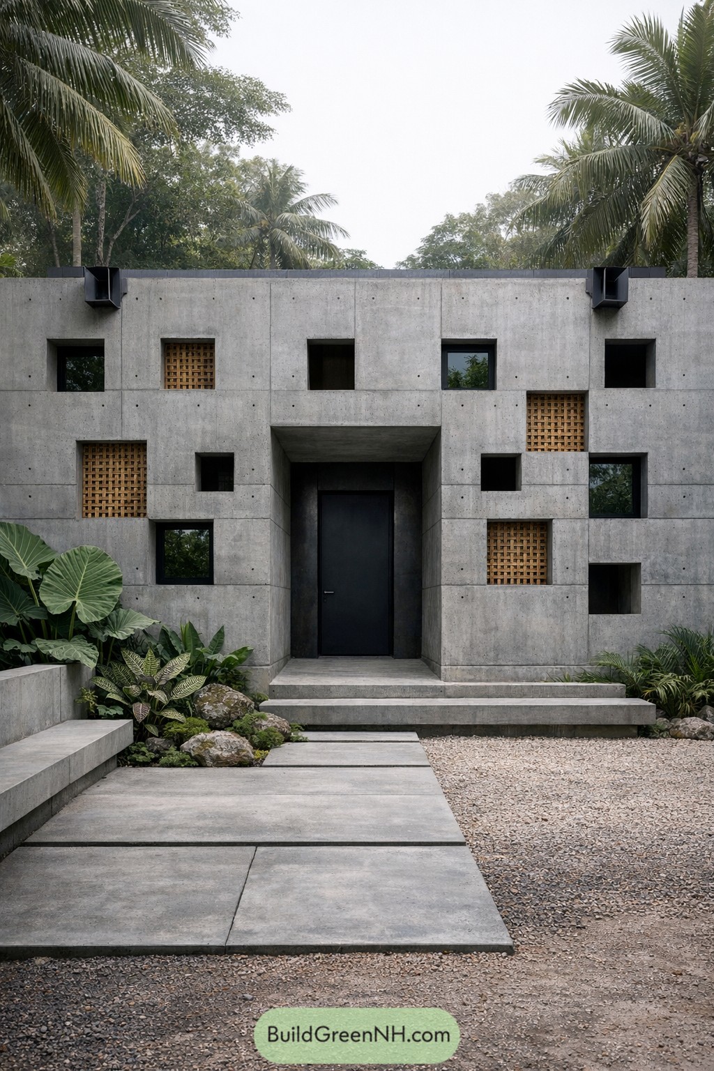Concrete cube house with scattered square openings and lush tropical landscaping in front