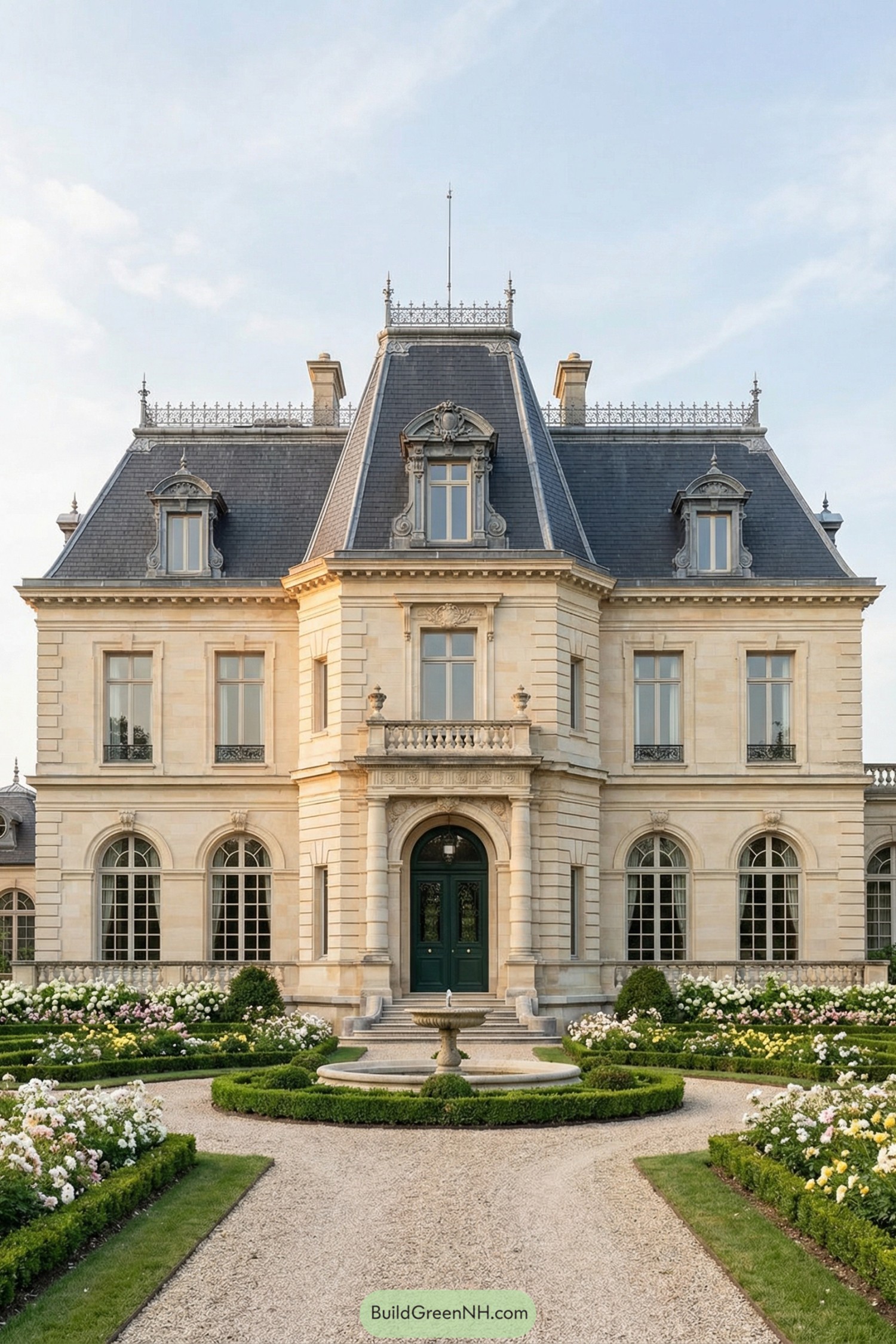 Elegant limestone manor with mansard roof and formal rose garden