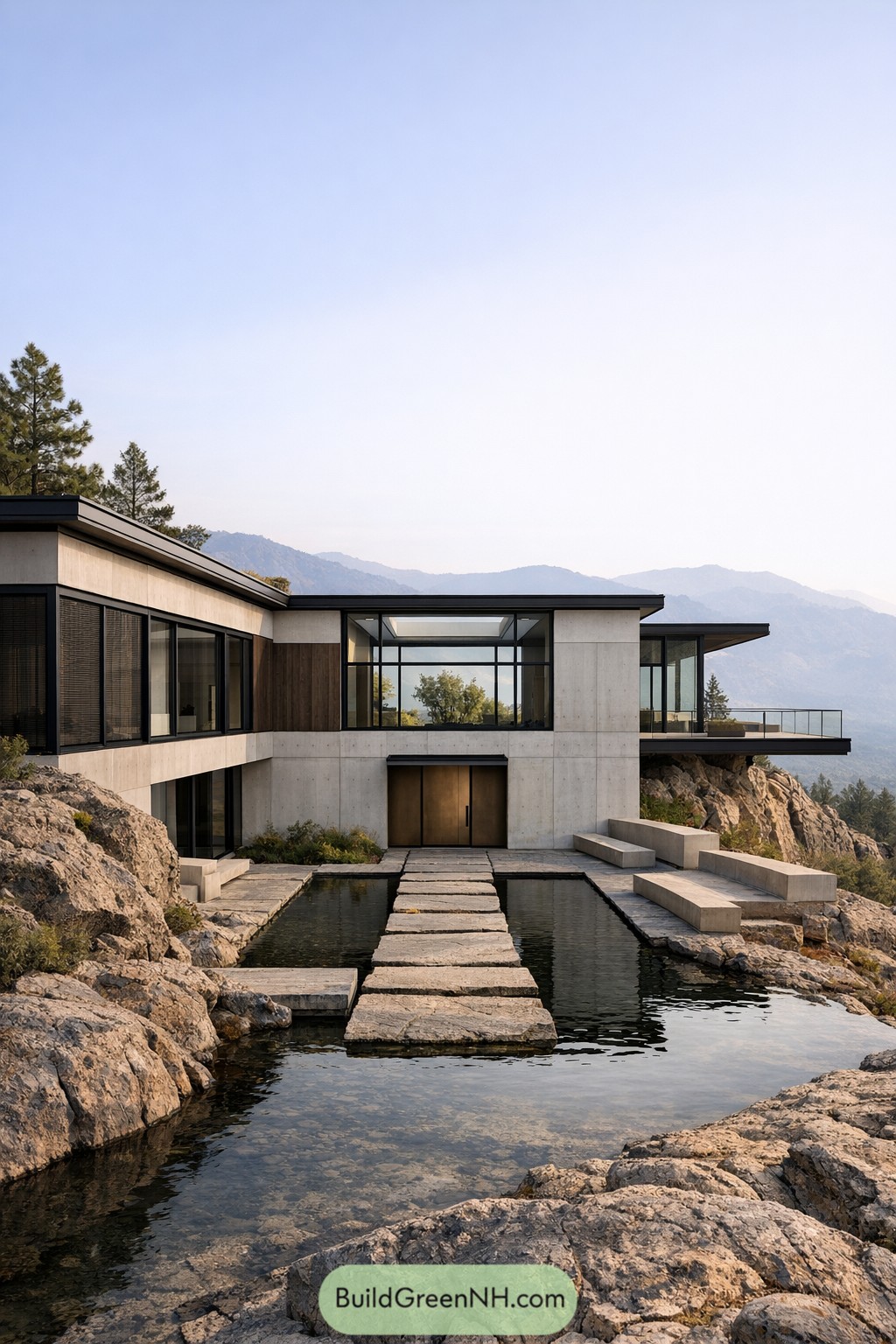 Modern cliffside home with reflecting pool, stone path, and expansive glass walls overlooking distant mountains