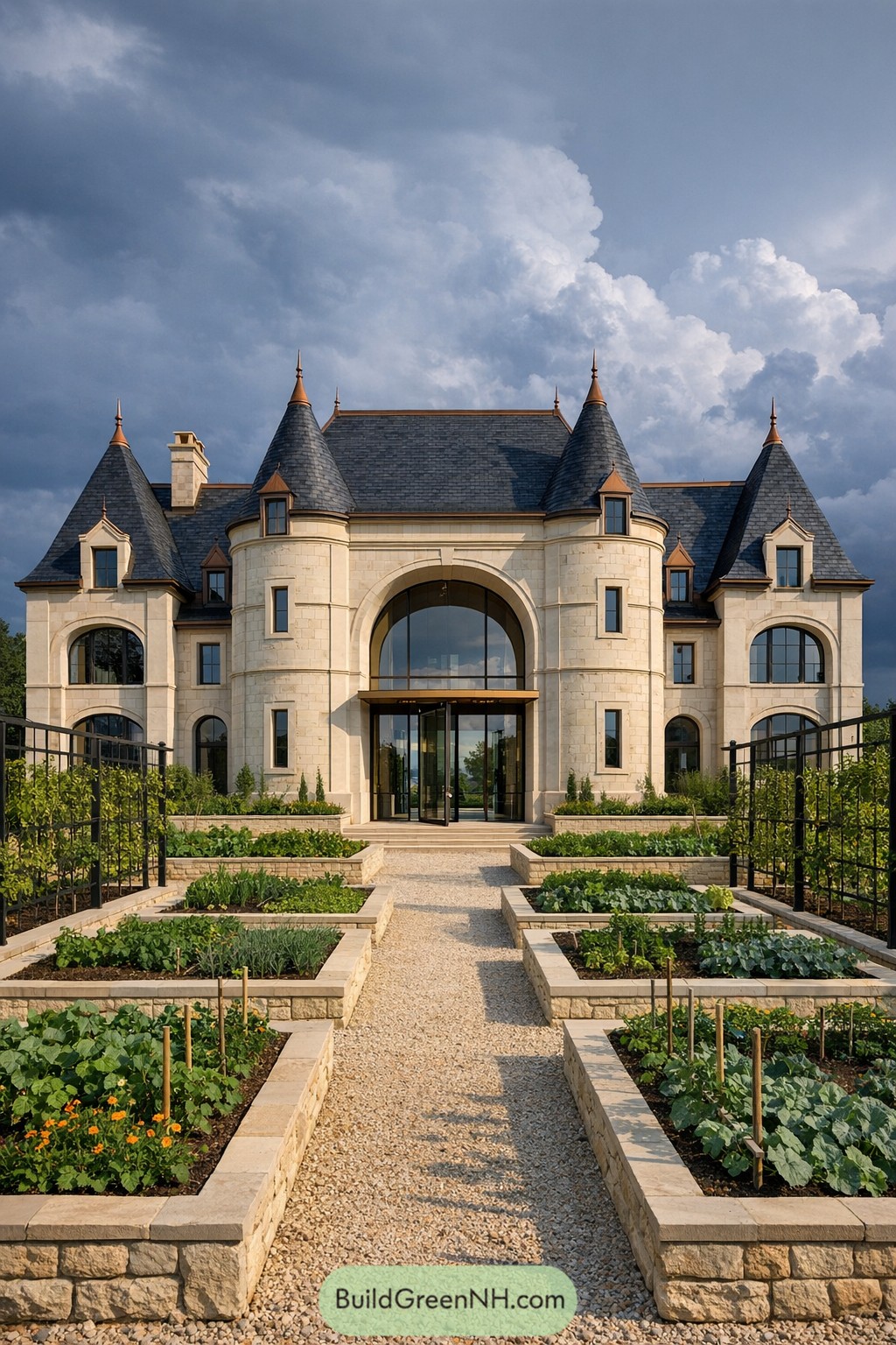 Elegant stone chateau with tall turrets overlooking structured raised garden beds and a gravel path