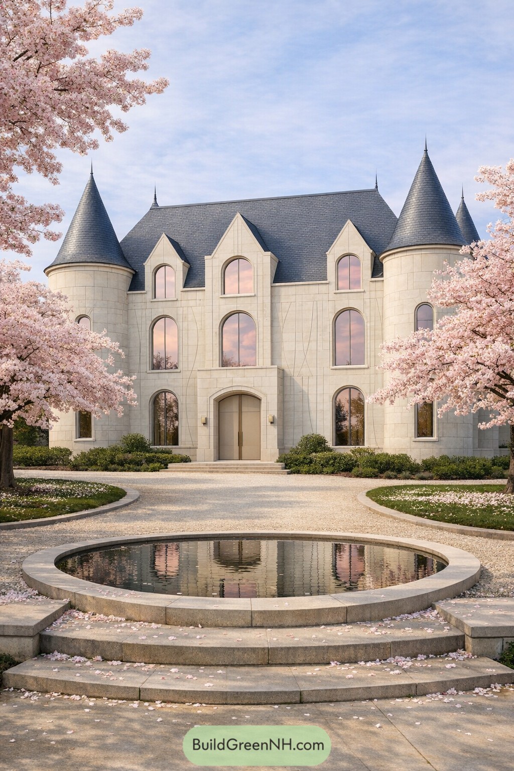Elegant pale stone chateau with tall slate turrets, arched windows, cherry blossoms, and a circular reflecting pool at the entrance