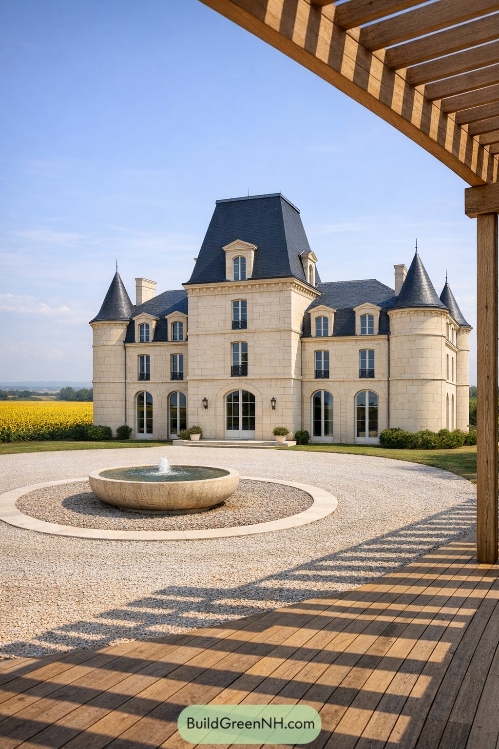 Elegant stone chateau with slate towers and round fountain court