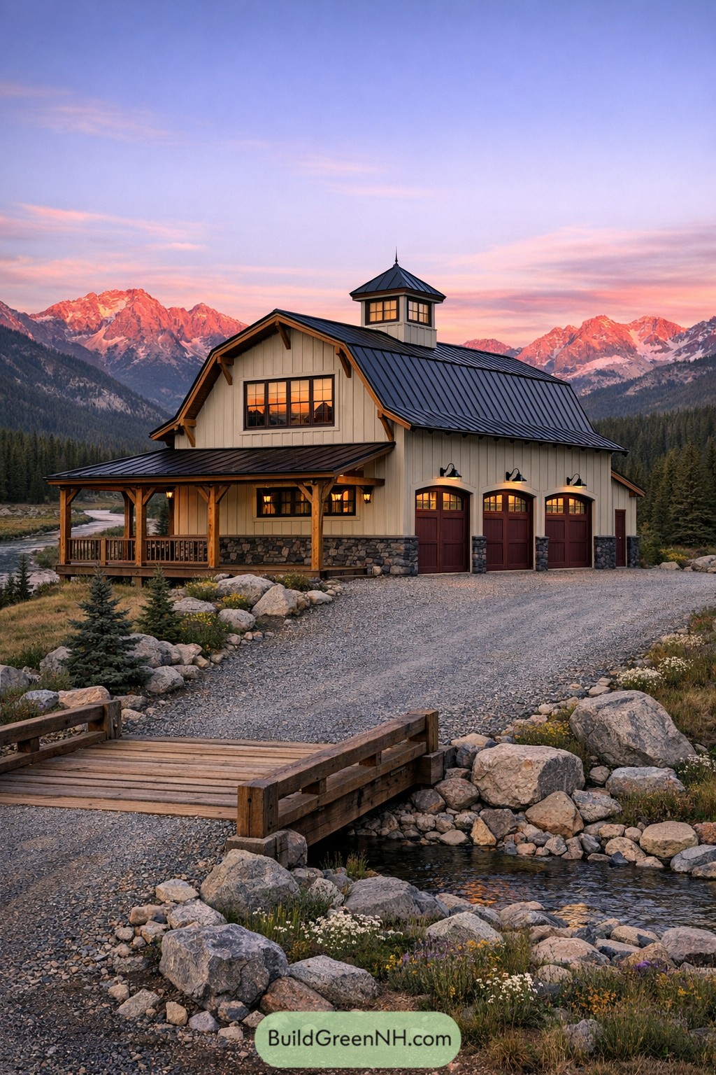 Timber barn-style three-car garage with wraparound porch set in a mountain landscape