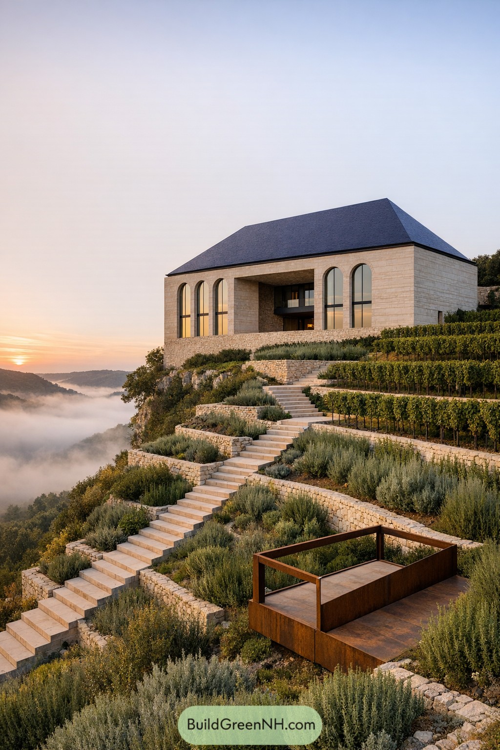 Modern stone chateau perched on terraced hillside vineyards with long stairways leading down the slope at sunrise