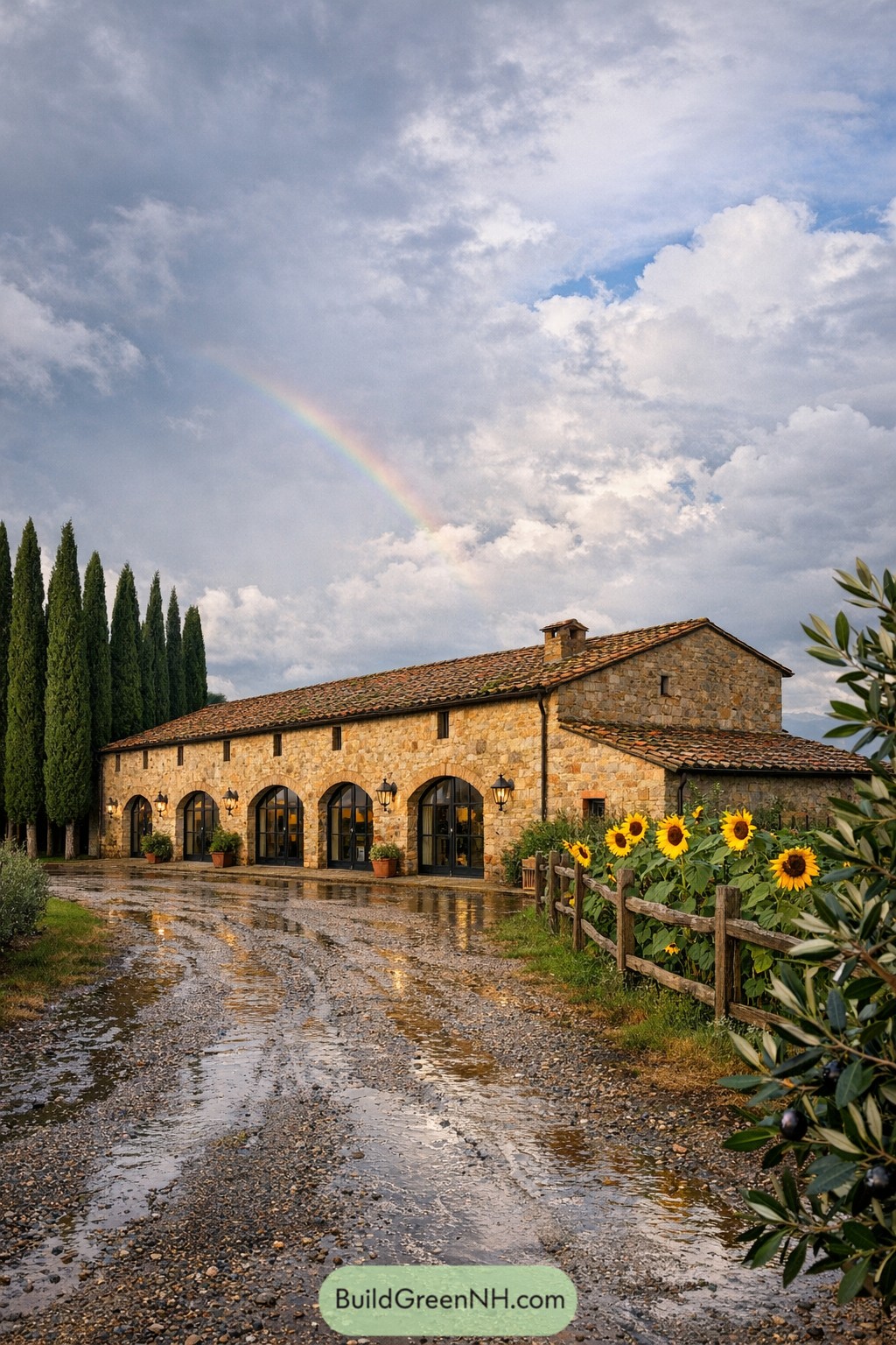 Stone farmhouse with arched doors and sunflowers