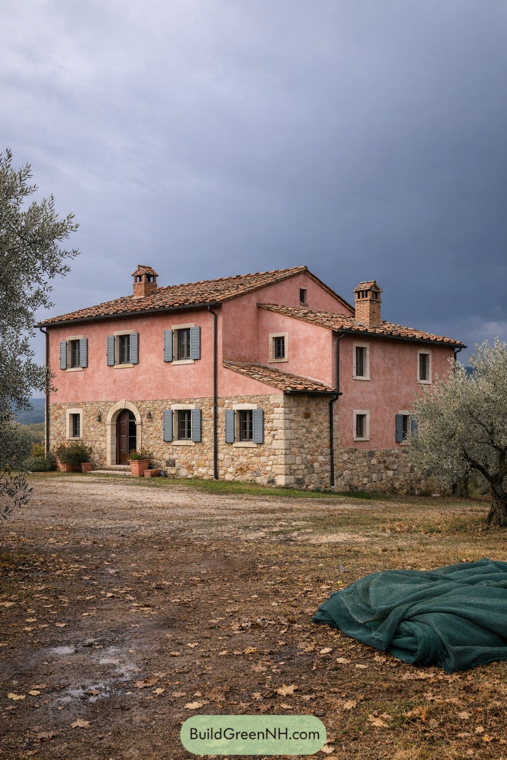 Pink stucco and stone Tuscan farmhouse