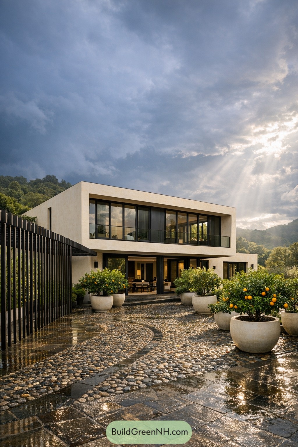 Modern courtyard with pebble paving and potted orange trees in front of a glassy two story home